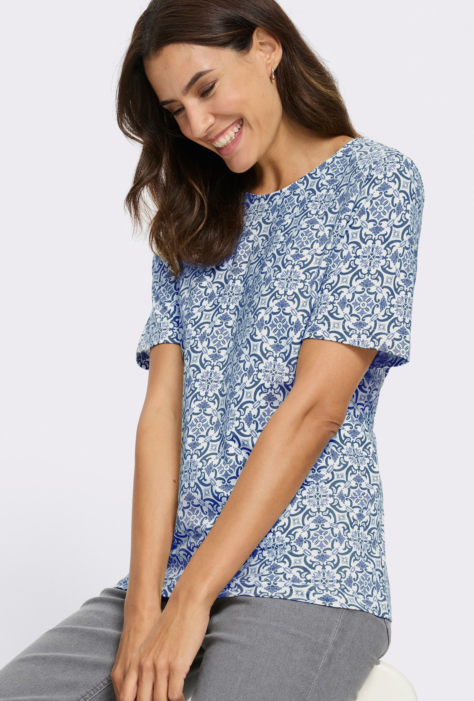 Tričko s potiskem ze směsi bavlny a modalu - ecru-džínová modrá-potisk