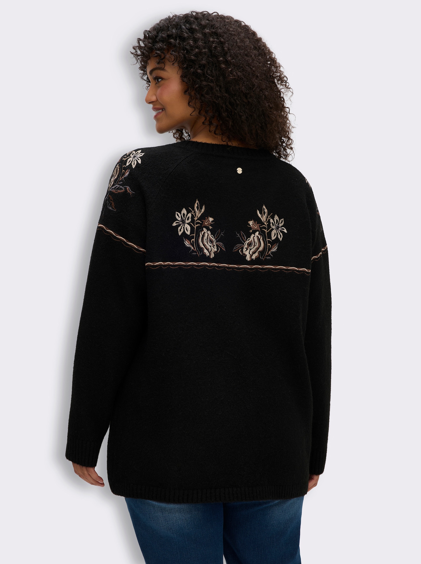 sheego Strickjacke mit floralem Intarsienmuster - schwarz-champagner-gemustert