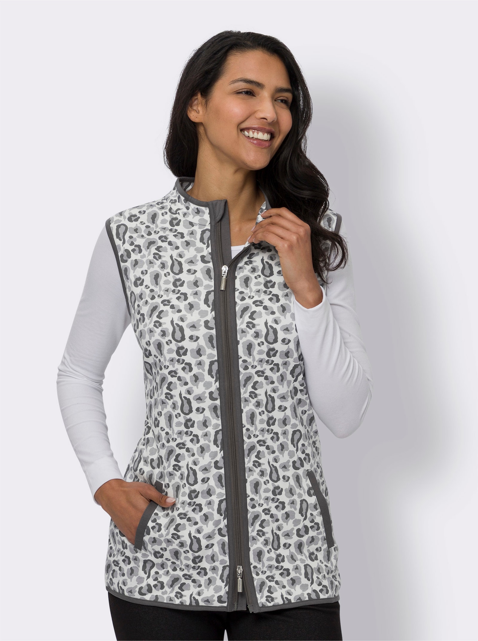 Sweatshirtväst i interlocktrikå - ecru-antracit, med tryck