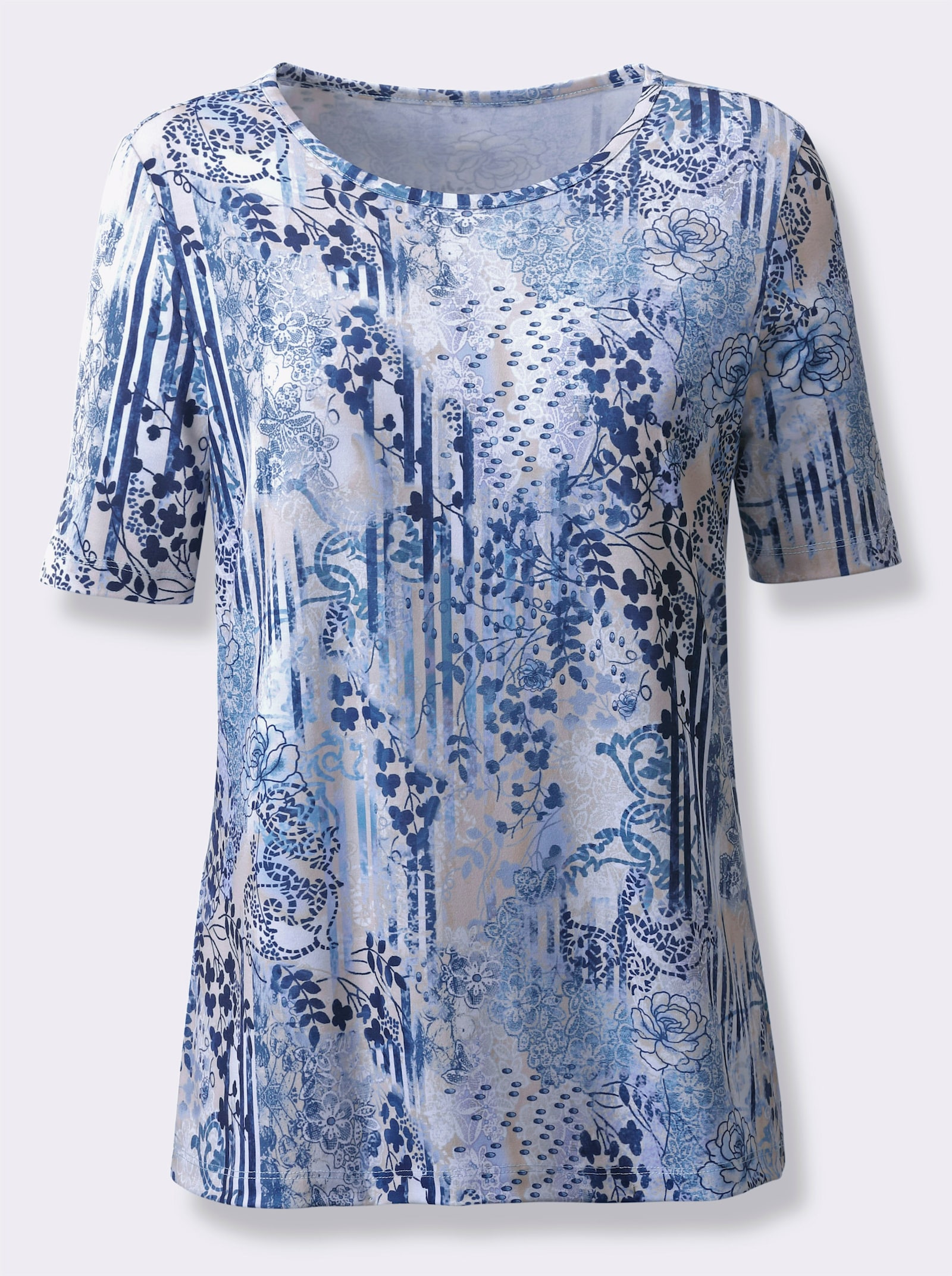 Rundhalsshirt mit Kurzarm - himmelblau-nachtblau-bedruckt