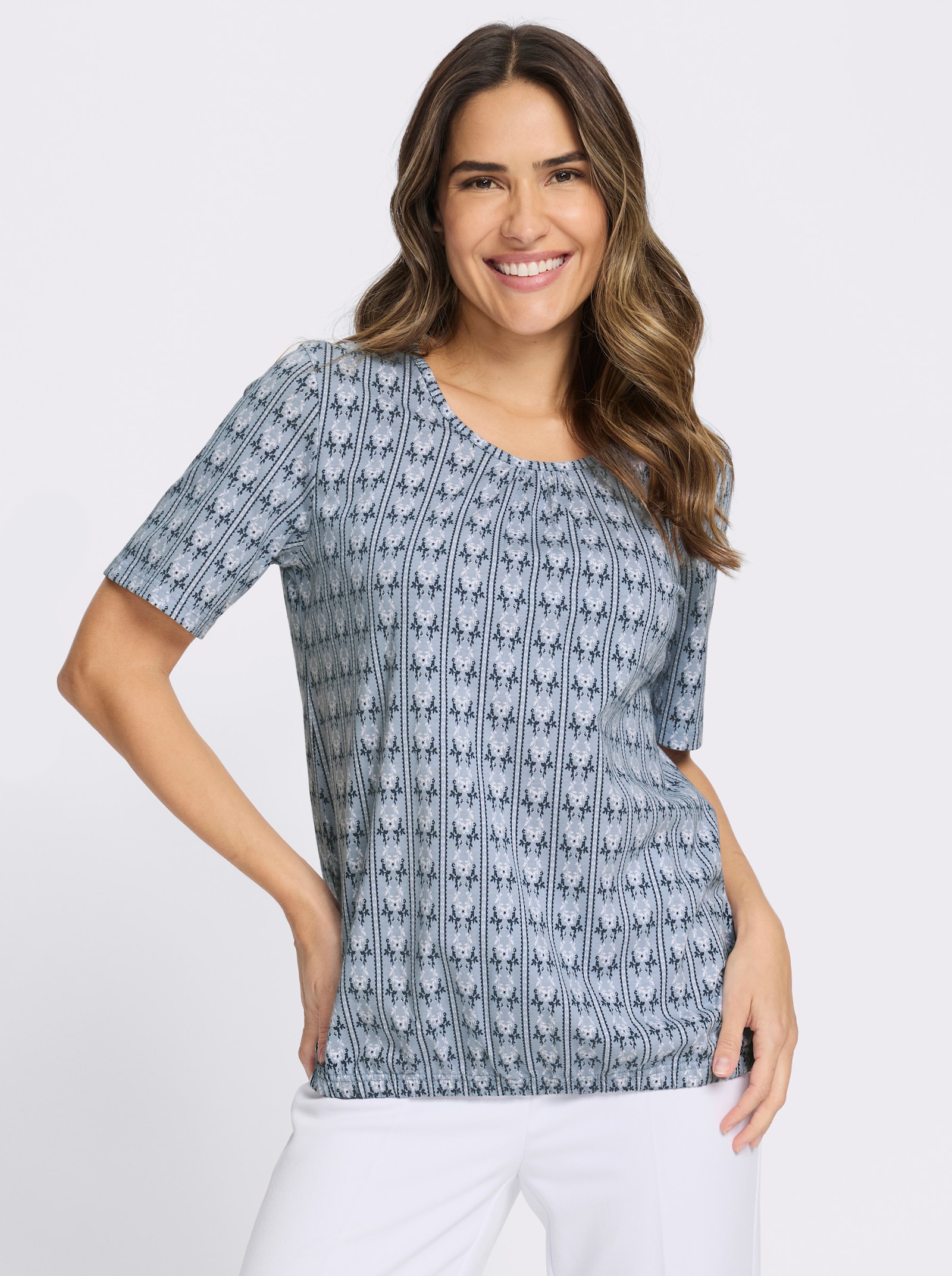 Trachtenshirt im floralen Dessin - hellblau-dunkelblau-bedruckt