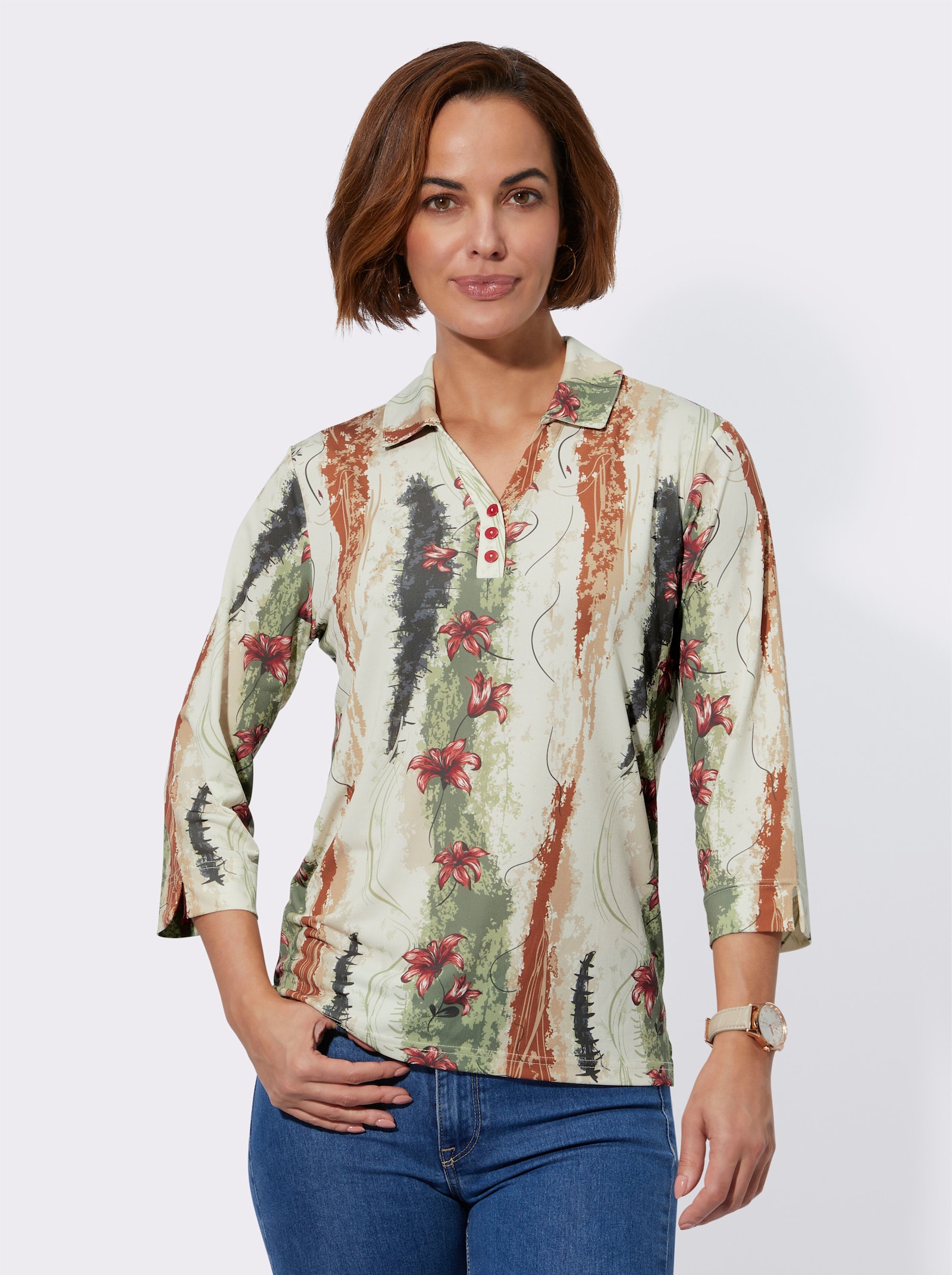 Poloshirt mit Seitenschlitzen - schilf-camel-bedruckt