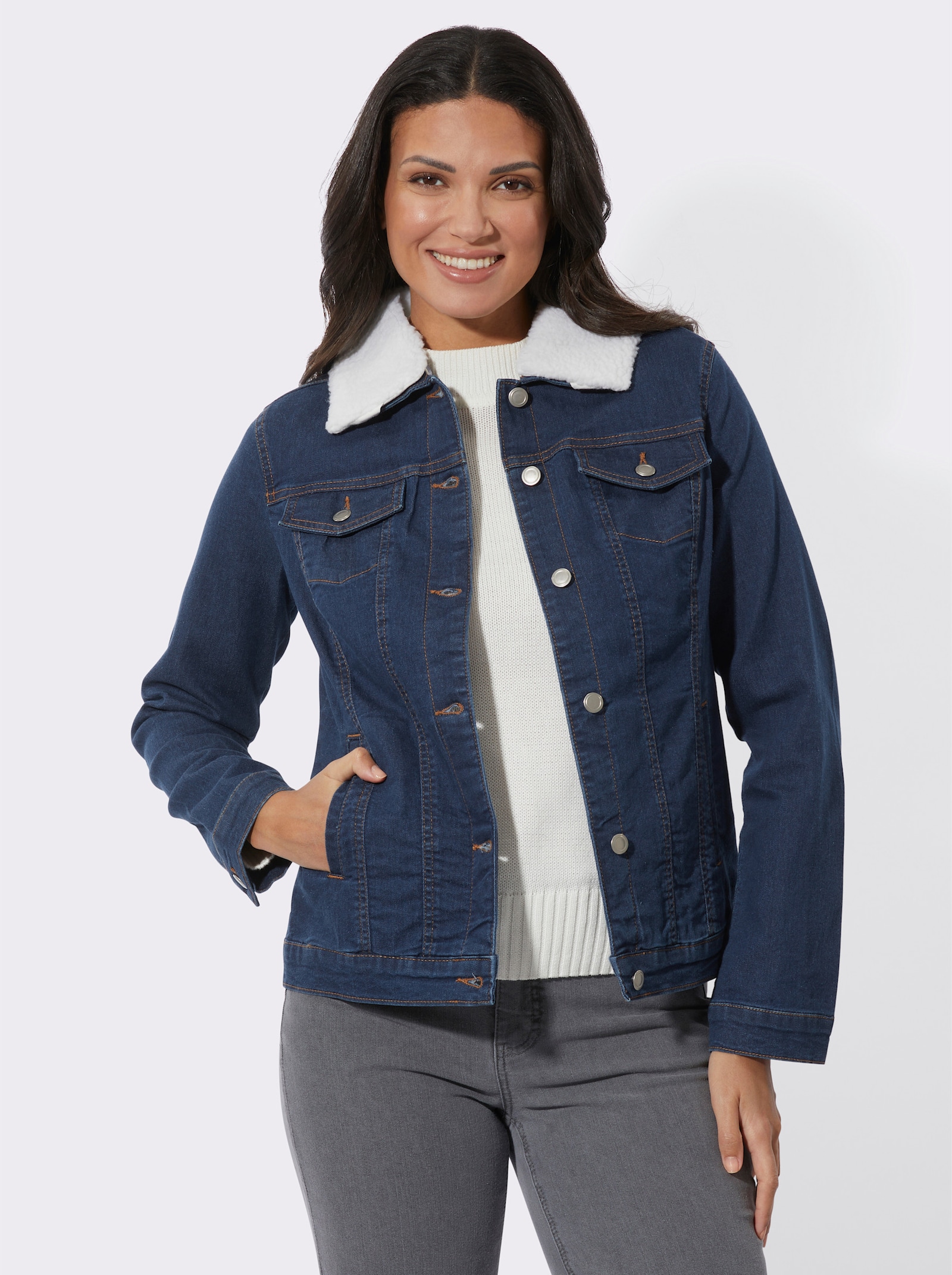 Jeansjacke mit Pelz-Imitat-Kragen - blue-stone-washed