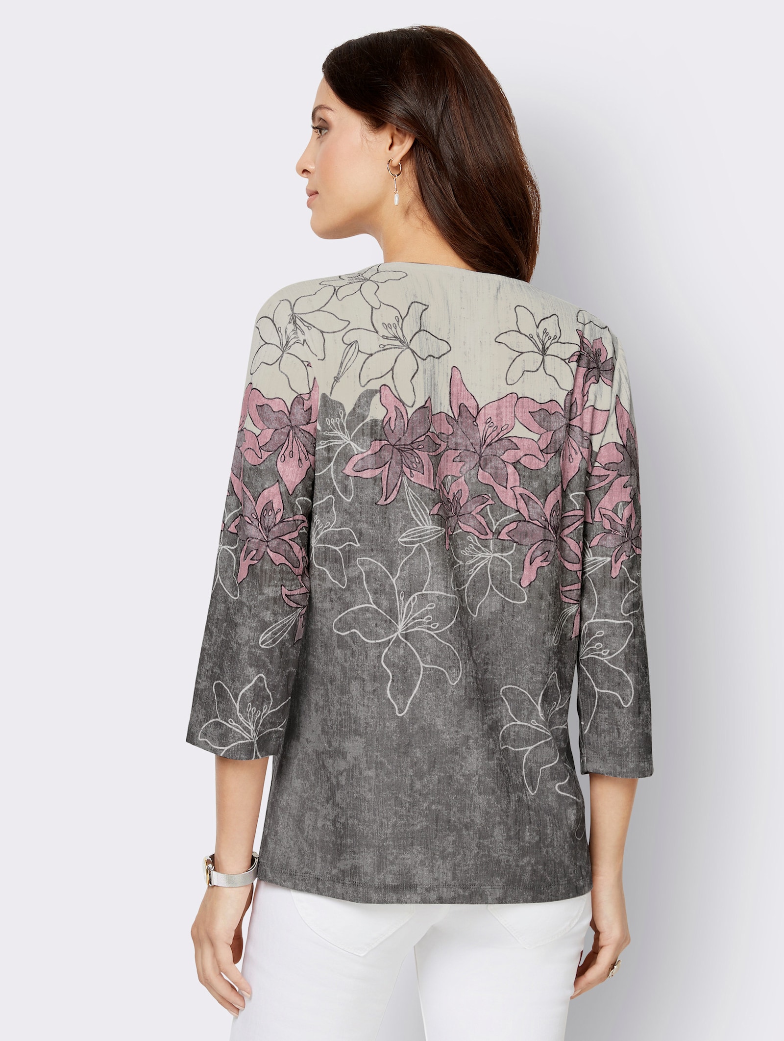 Print-Shirt mit gebogtem Ausschnitt - steingrau-mauve-bedruckt
