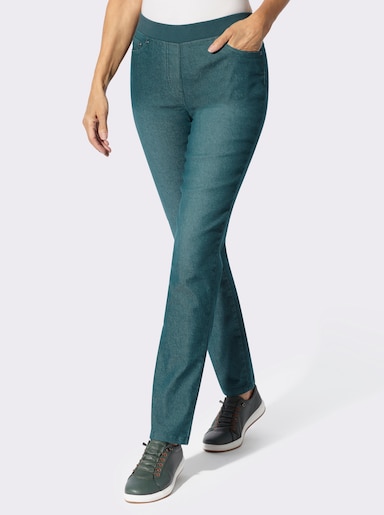 Schlupfjeans mit geripptem Strick-Dehnbund - petrol