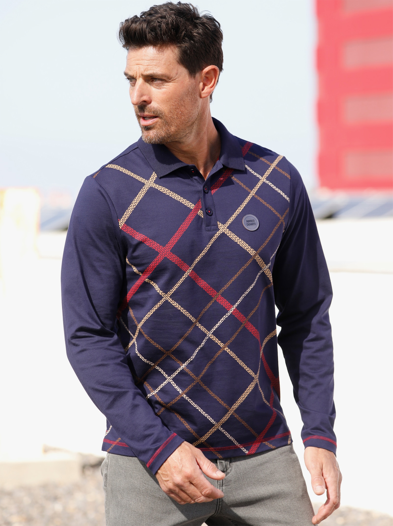 Marco Donati Langarm-Poloshirt mit Rauten-Muster - marine-bedruckt