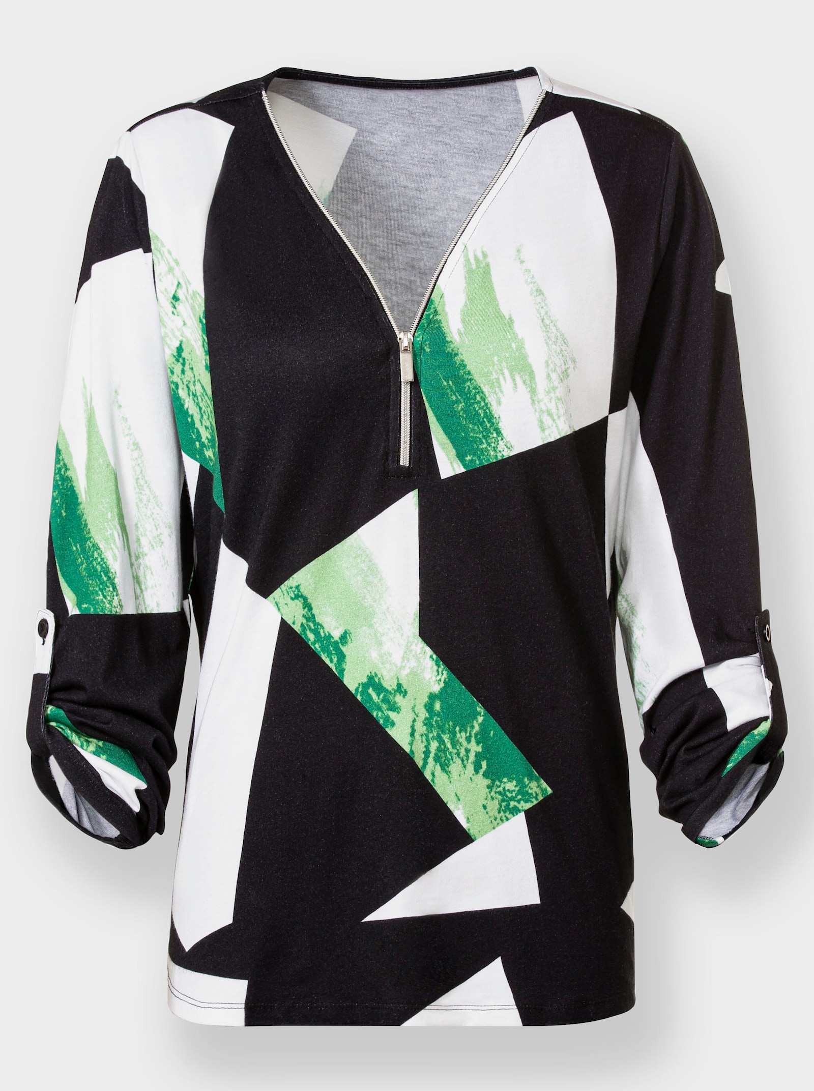 Shirt met opstroopbare mouwen - zwart/appelgroen gedessineerd