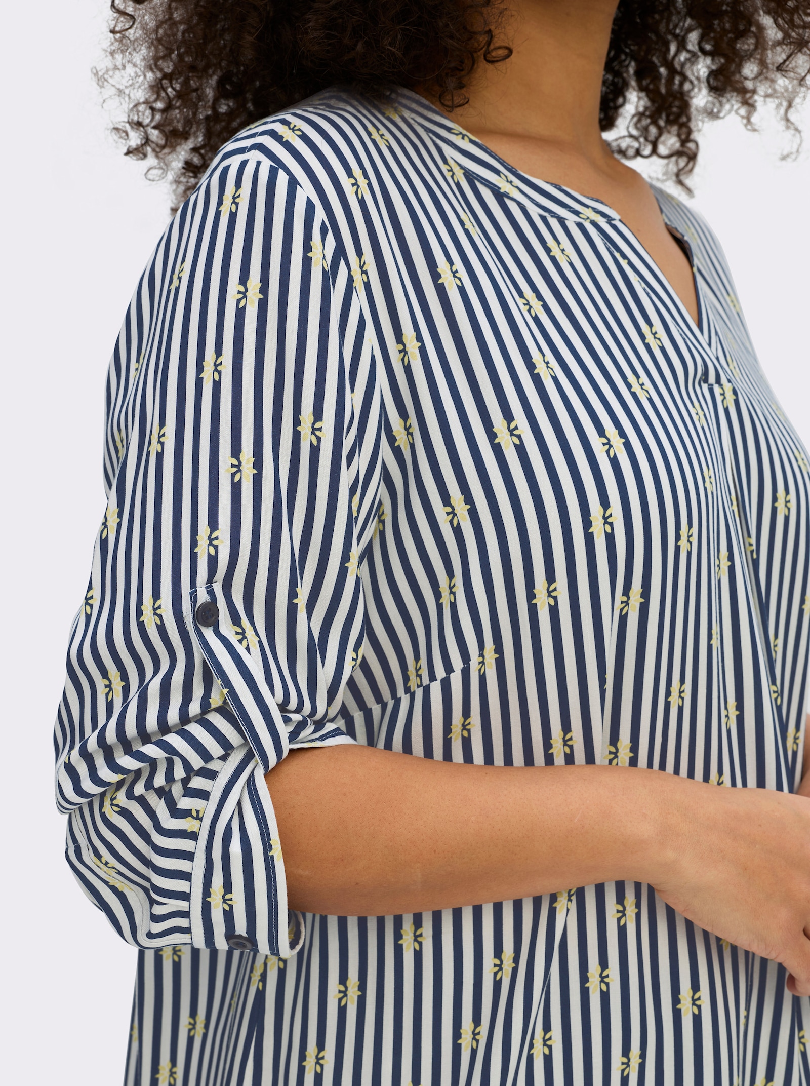 sheego Tunika im Mustermix aus Streifen und Blüten - tiefblau-ecru-gestreift