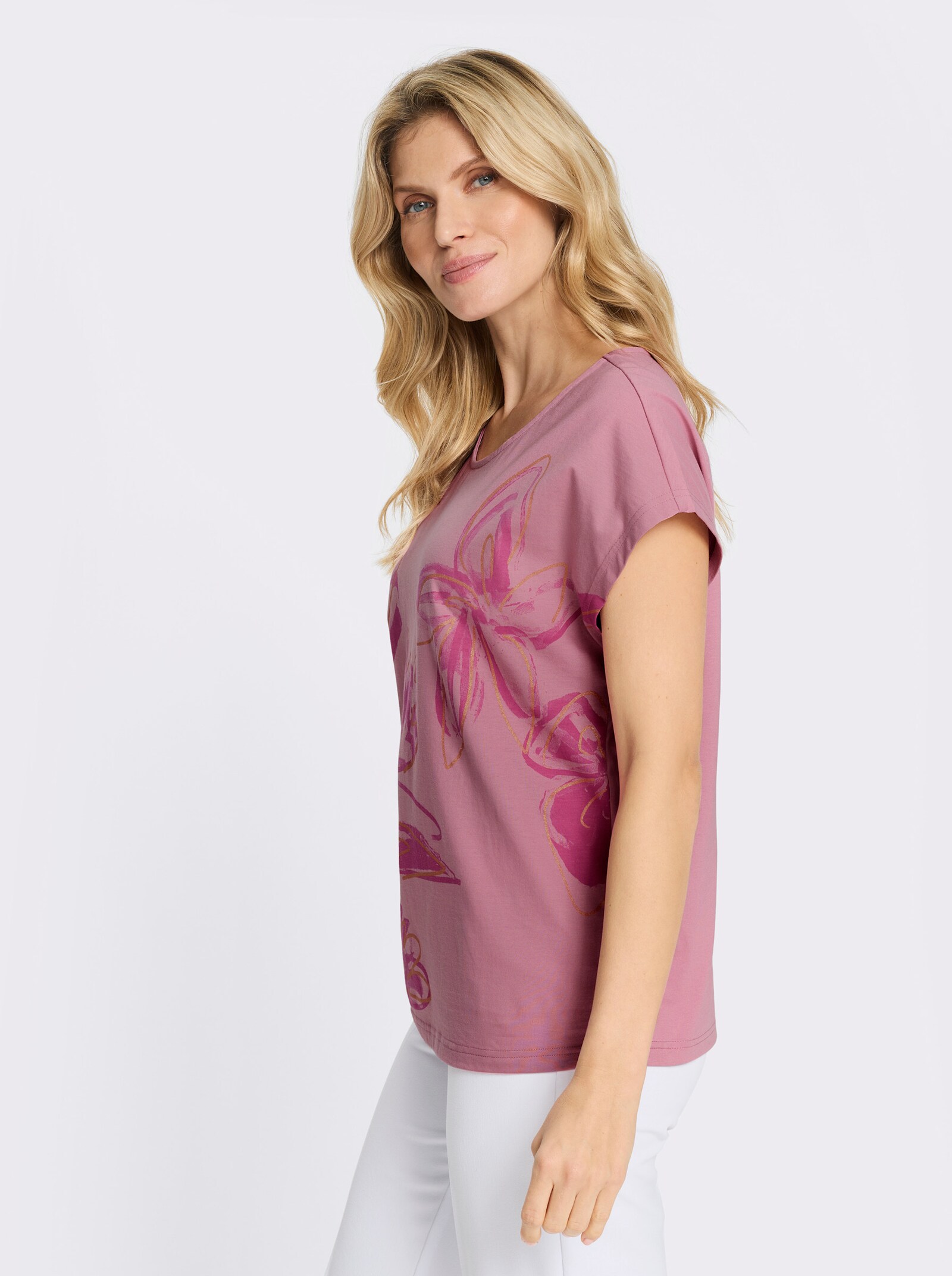 Rundhalsshirt mit überschnittenen Schultern - altrosa-fuchsia-bedruckt