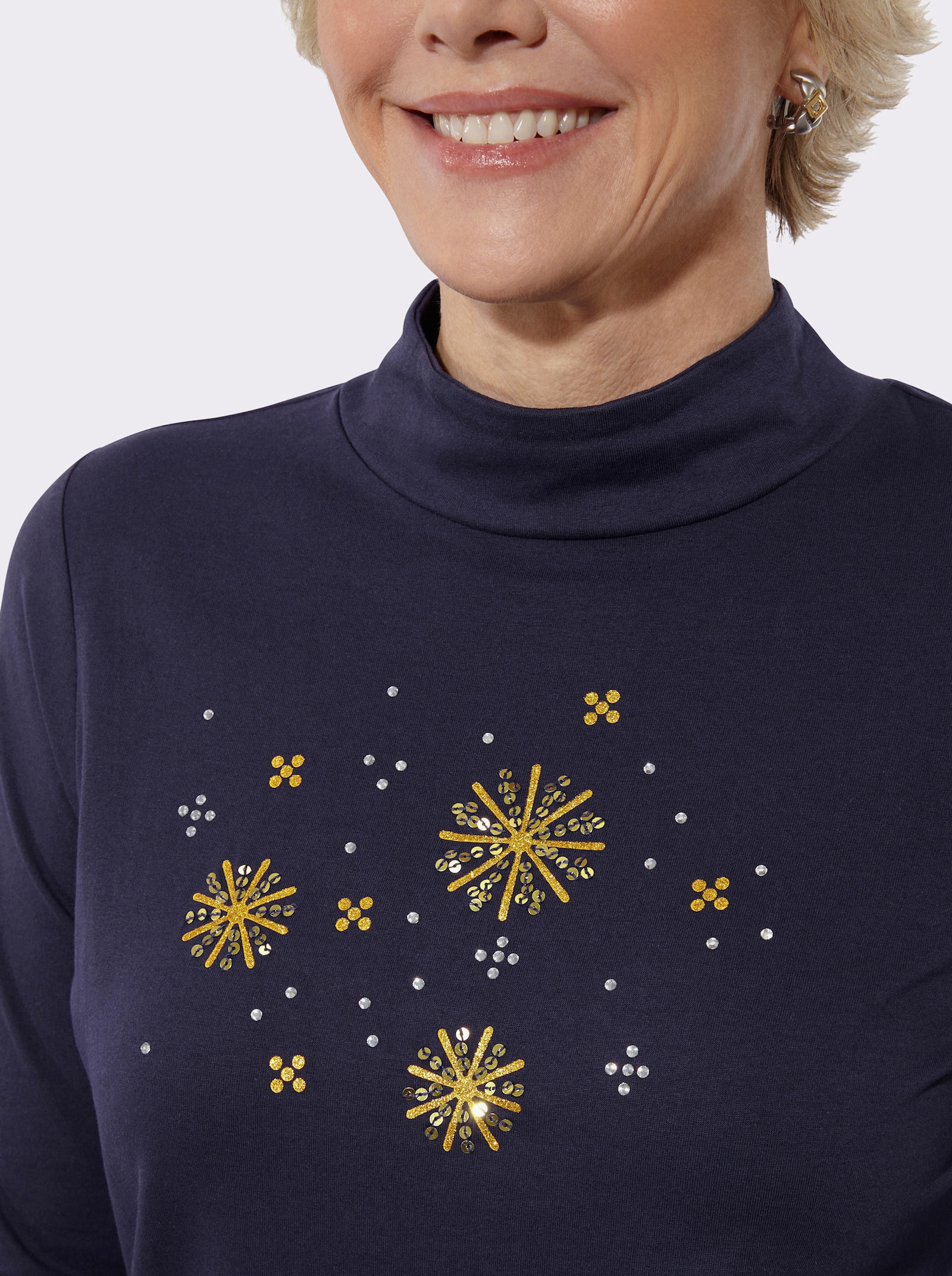 Stehkragenshirt mit Glitzersteinchen - marine