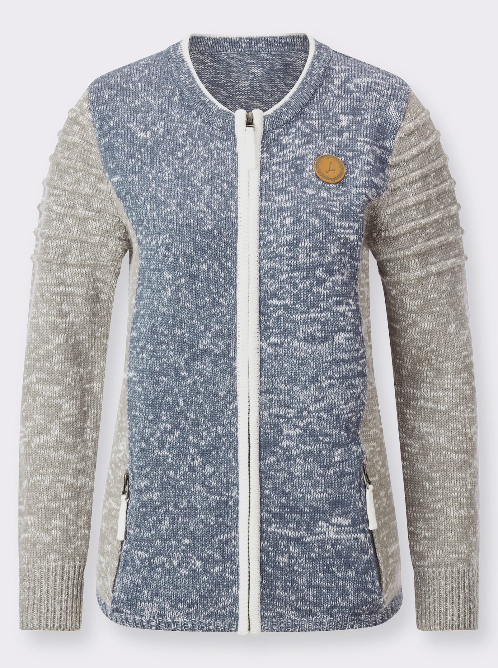 Strickjacke mit Lederimitat-Details - grau-rauchblau-meliert