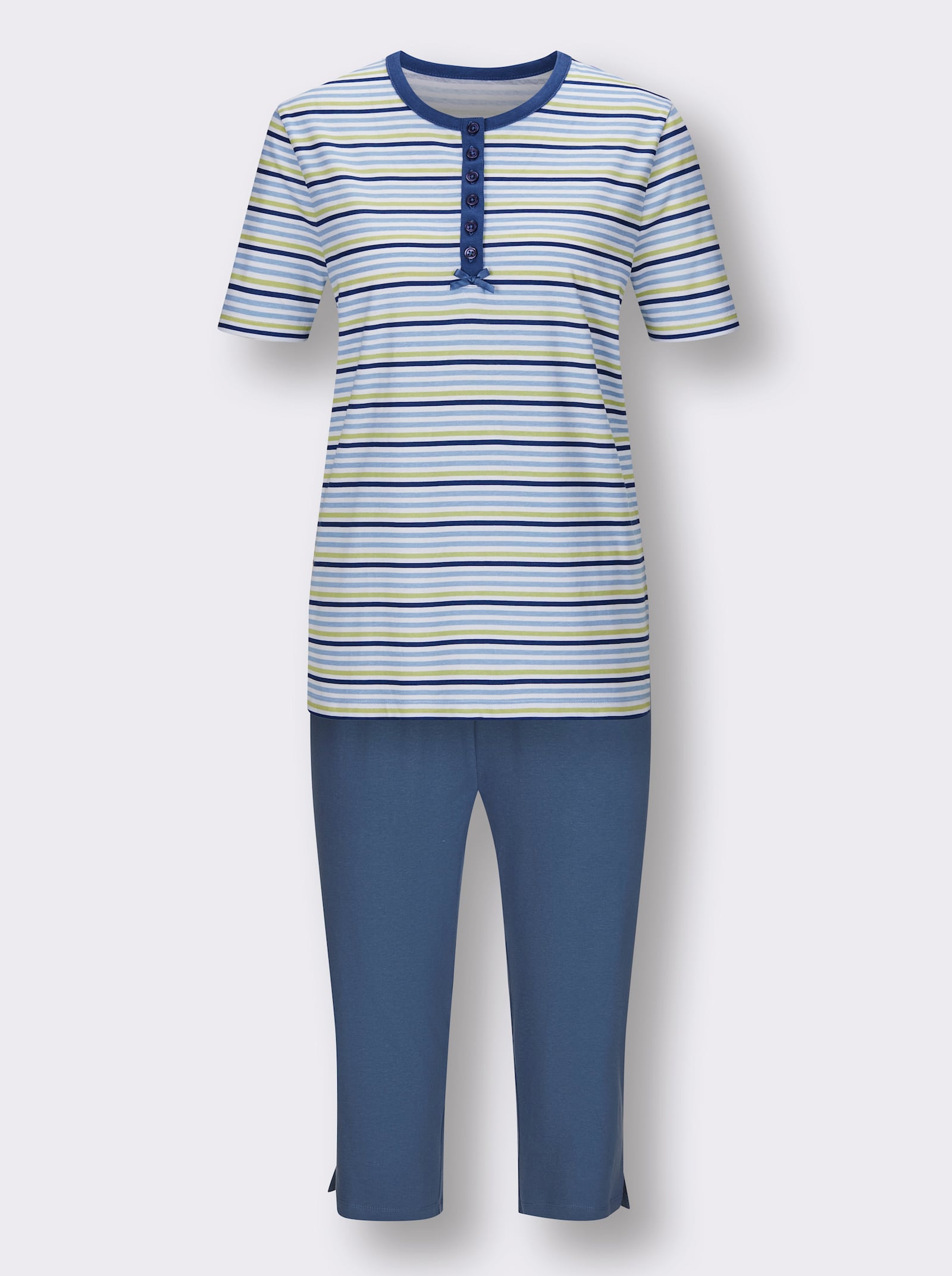 wäschepur Capri-Schlafanzüge mit Knopfleiste - jeansblau + jeansblau-geringelt