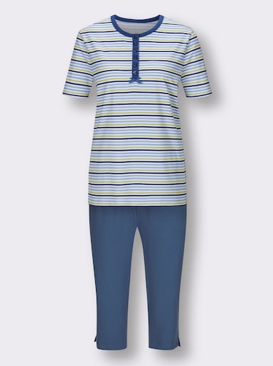 wäschepur Capri-Schlafanzüge mit Knopfleiste - jeansblau + jeansblau-geringelt