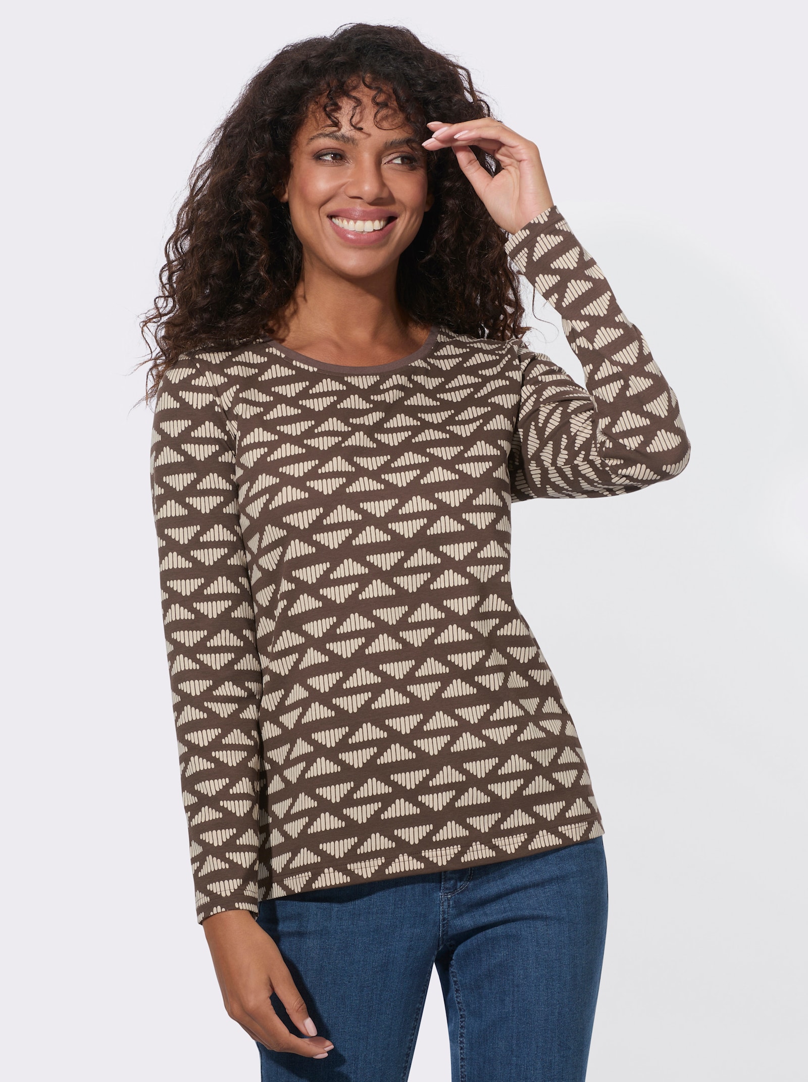 Ringelshirt in Baumwoll-Stretch-Qualität - schoko-sand-bedruckt