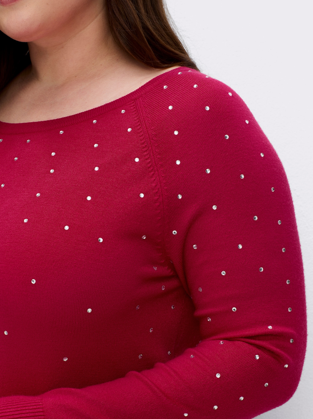Langarm-Pullover mit Glitzersteinchen - rot