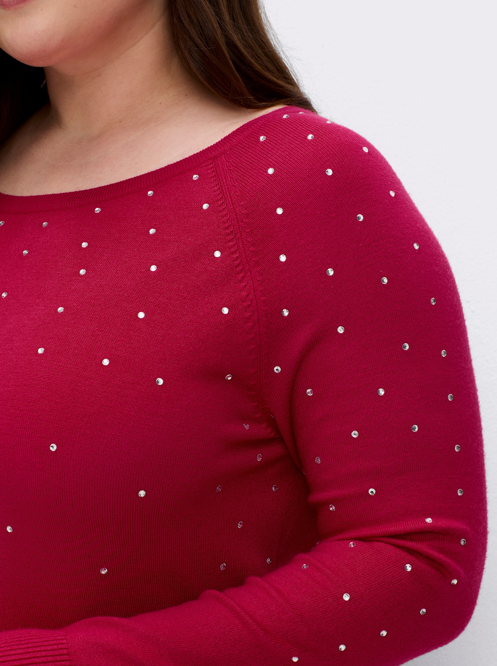 Langarm-Pullover mit Glitzersteinchen - rot