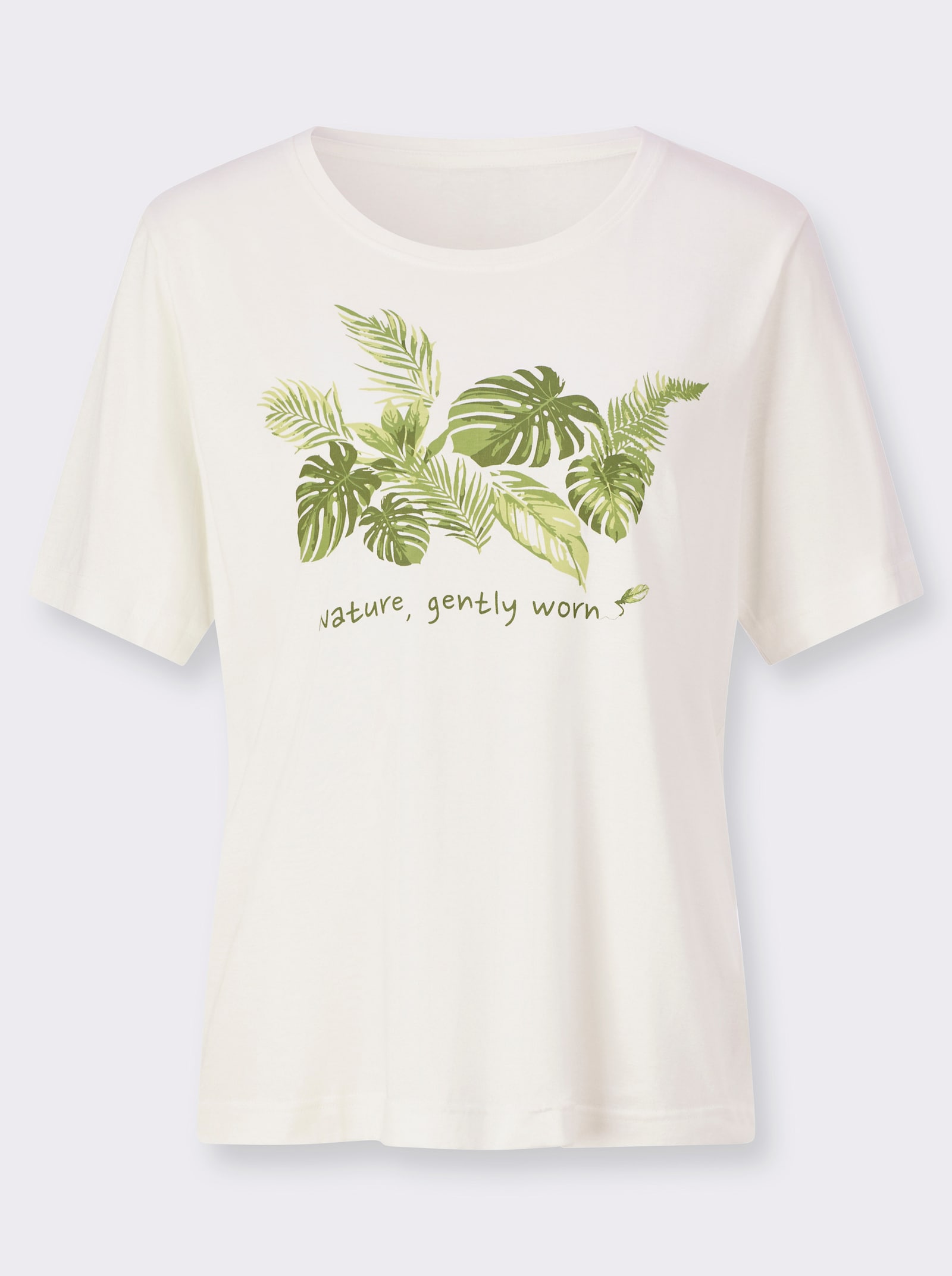 Print-Shirt mit Blätter-und Schriftzug-Motiv - ecru-oliv-bedruckt