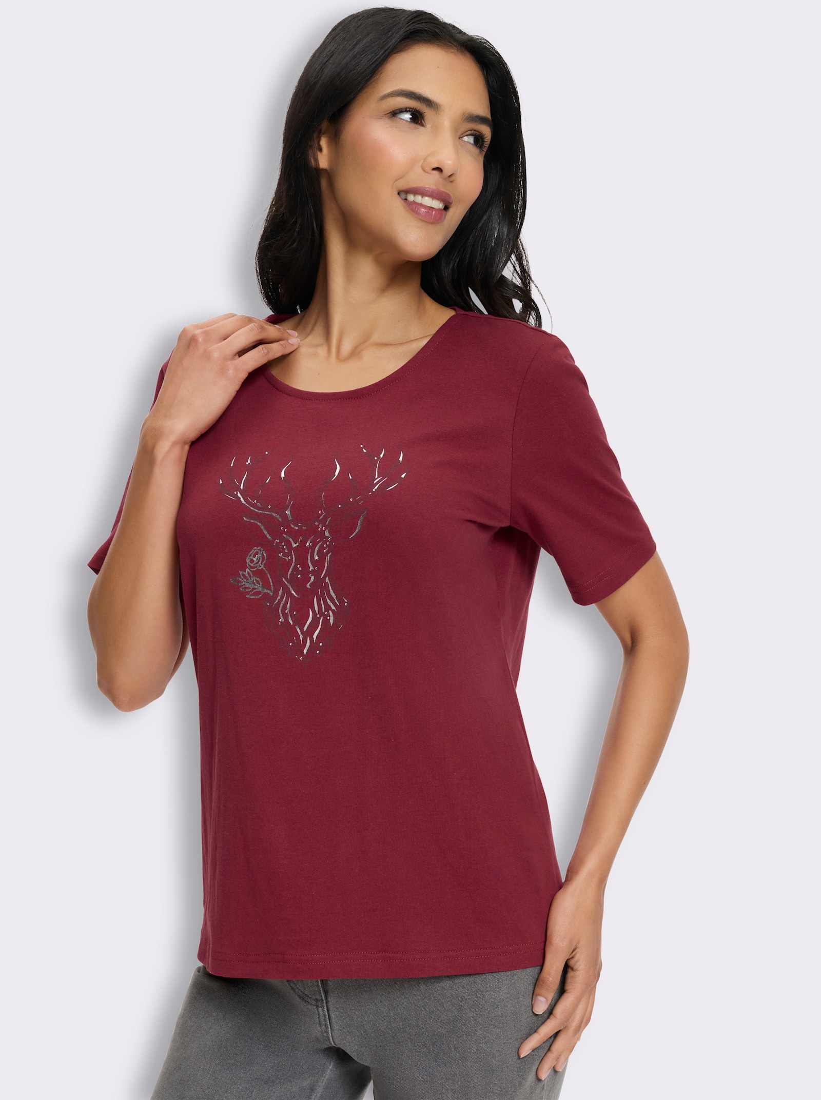 Kurzarmshirt mit Hirsch-Motiv - kirsche-graphit