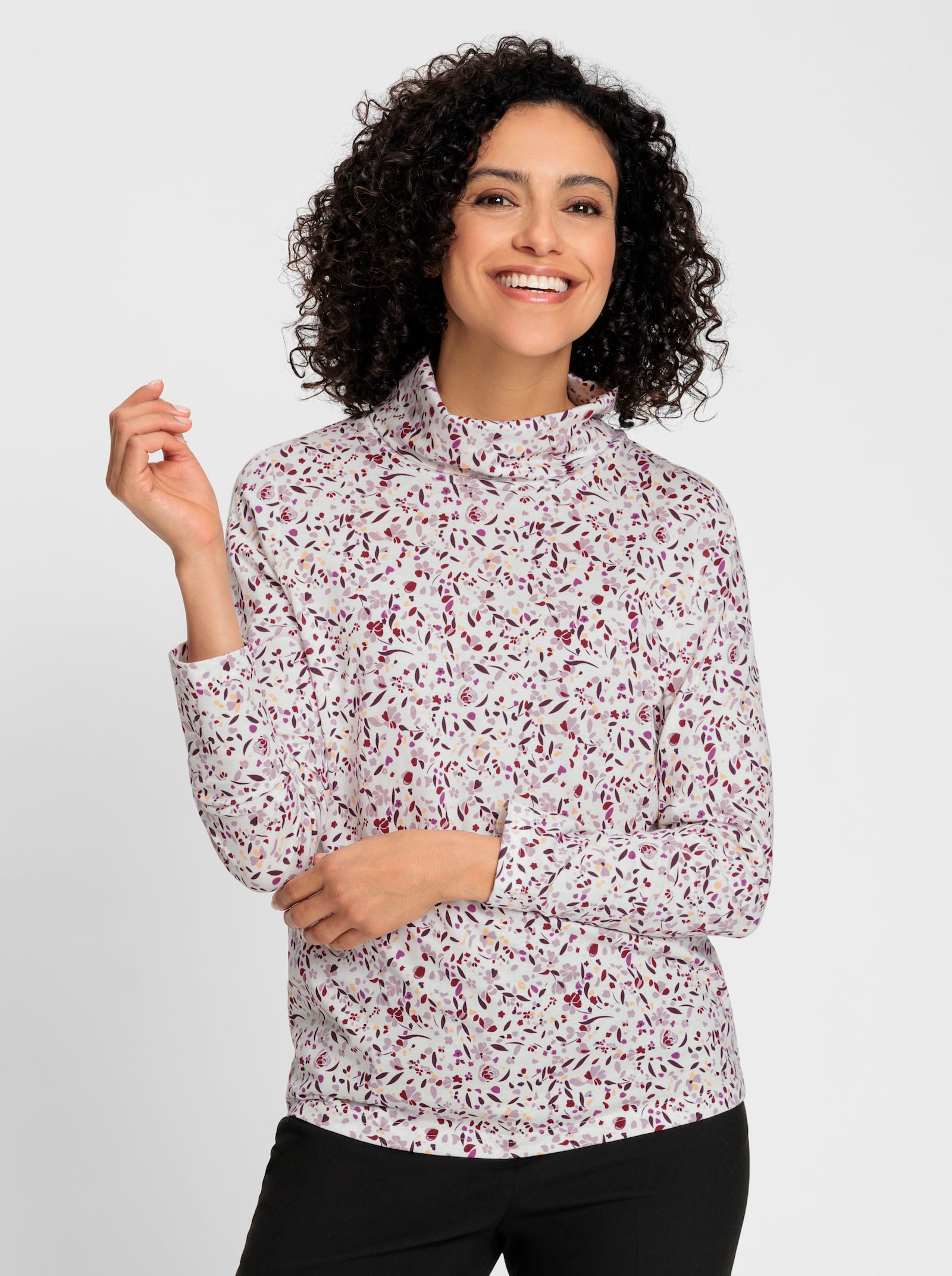 T-shirt col roulé, imprimé floral - écru-mauve imprimé