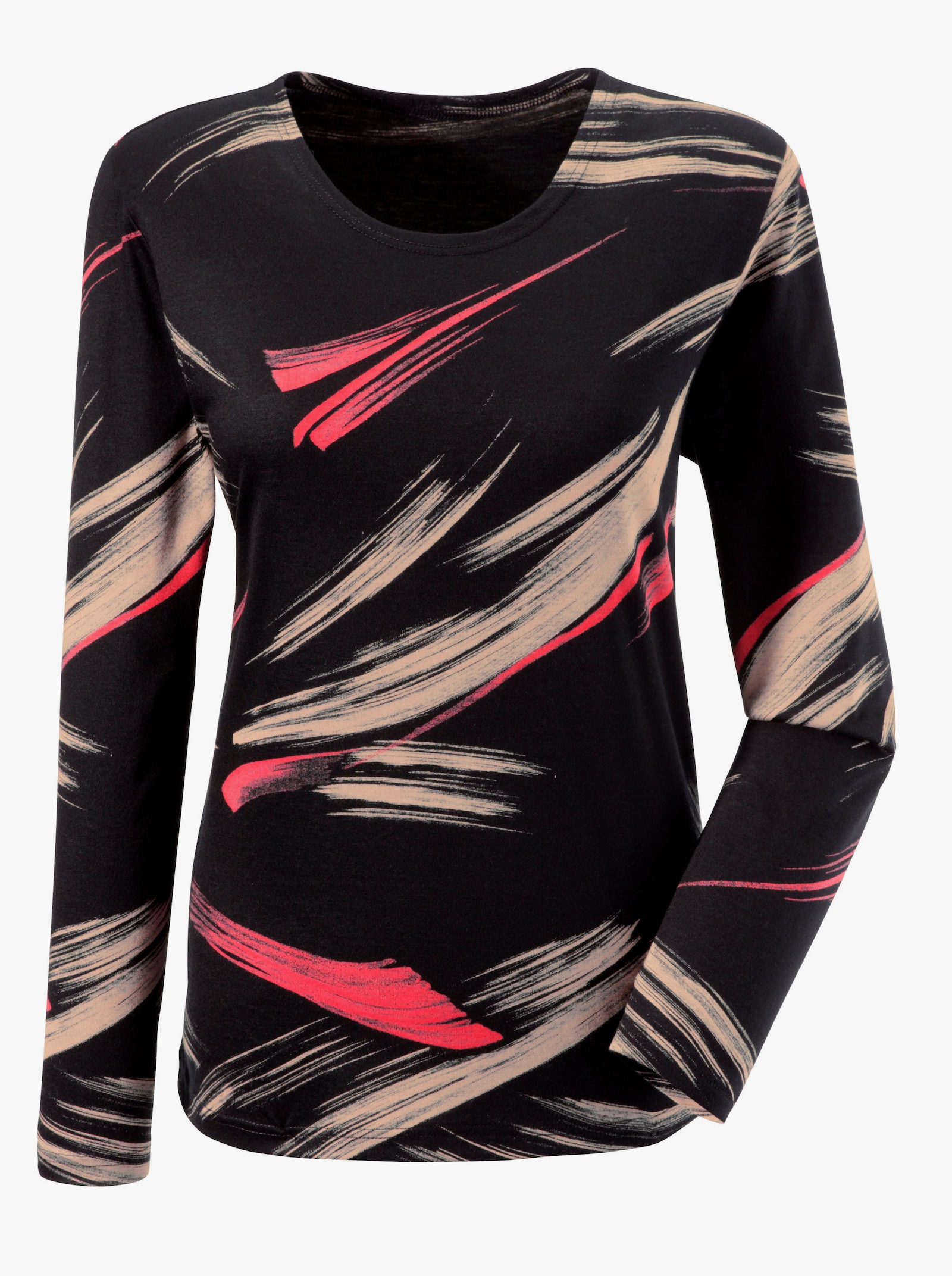 Langarmshirt im Material-Mix - schwarz-gemustert