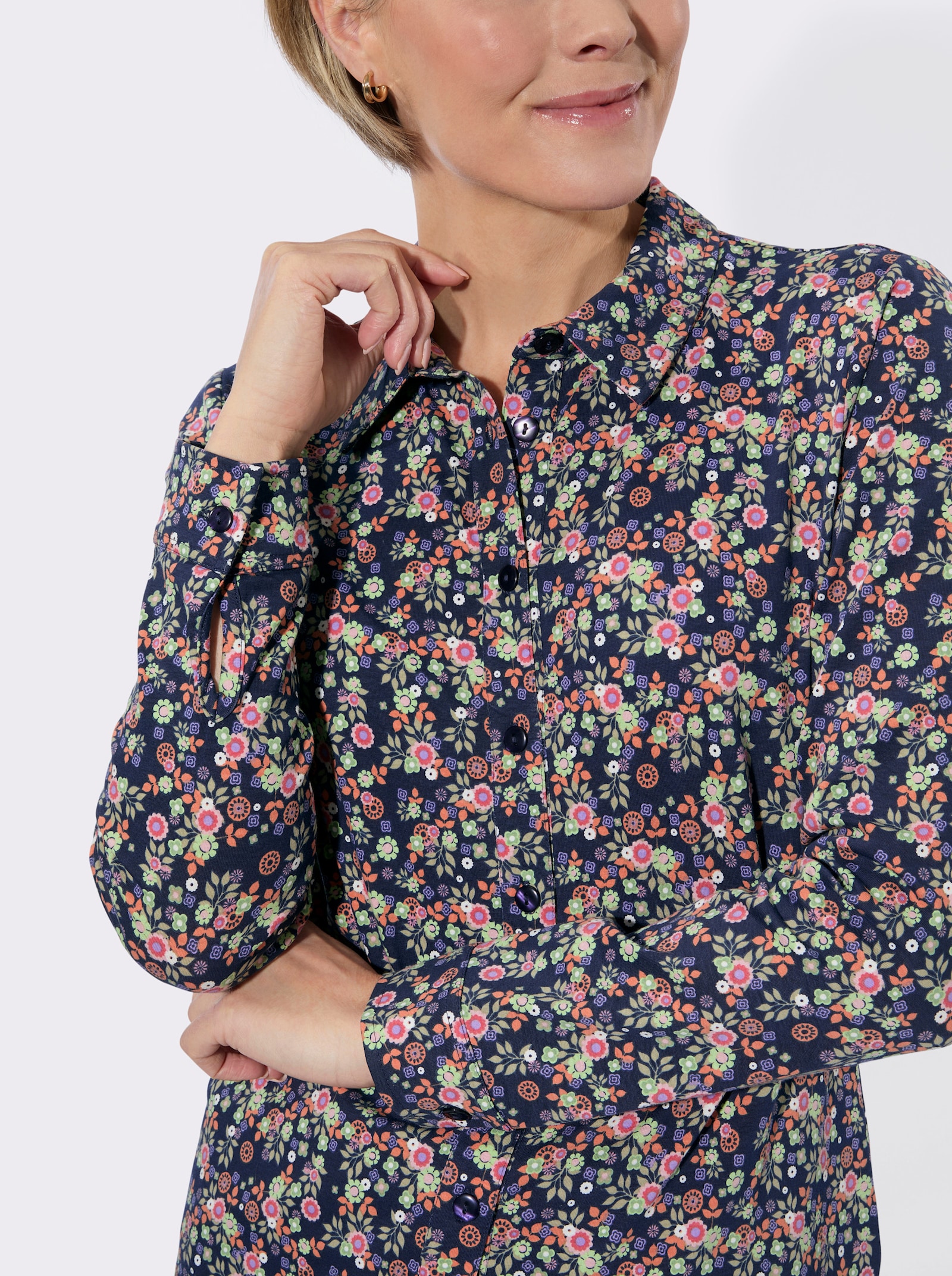 Jersey-Bluse mit floralem Muster - marine-reseda-bedruckt