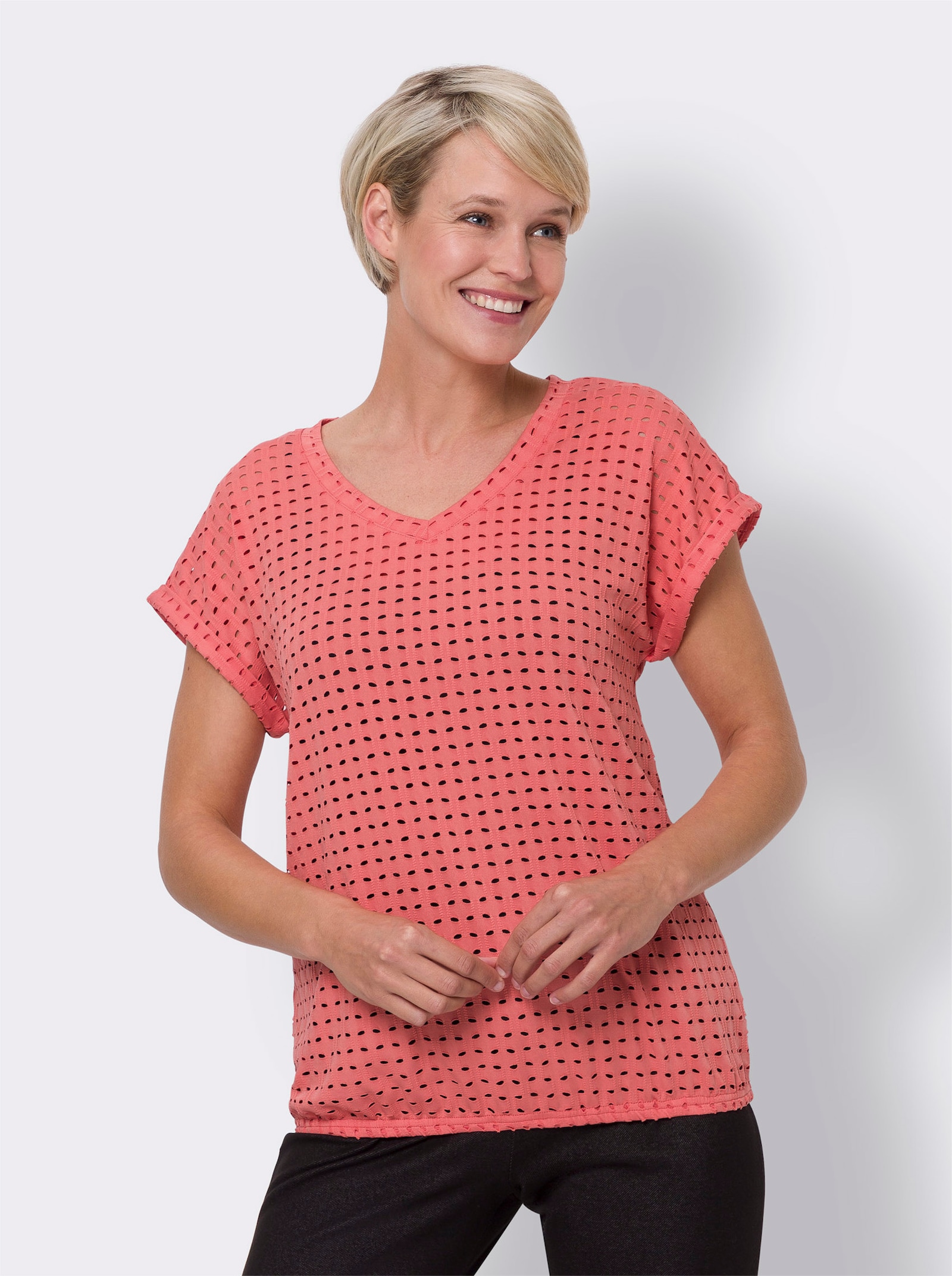 Shirt met V-hals en ajourpatroon - koraal