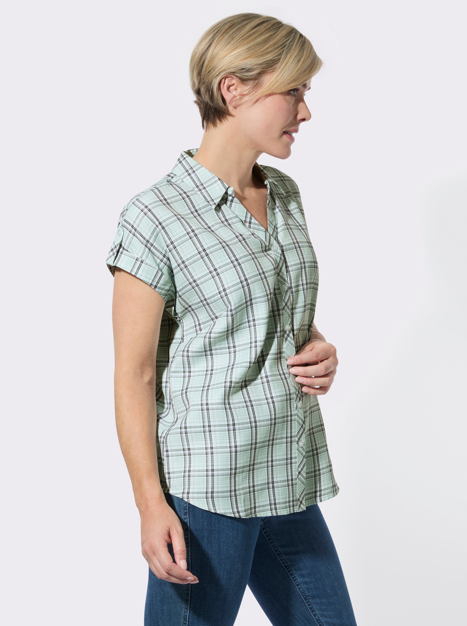 Karobluse mit Hemdkragen - kalkmint-weiß-kariert