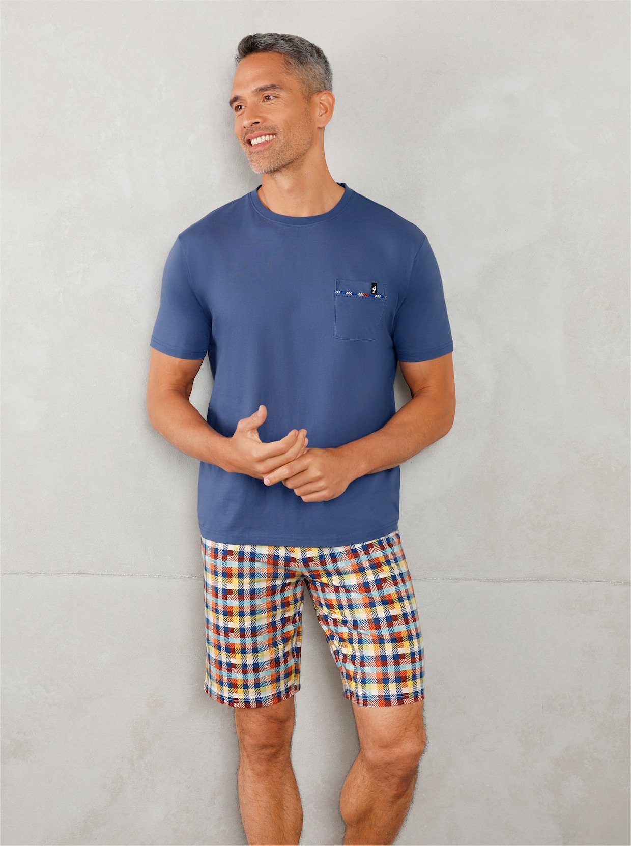 wäschepur men Shorty - jeansblau-elfenbein-kariert