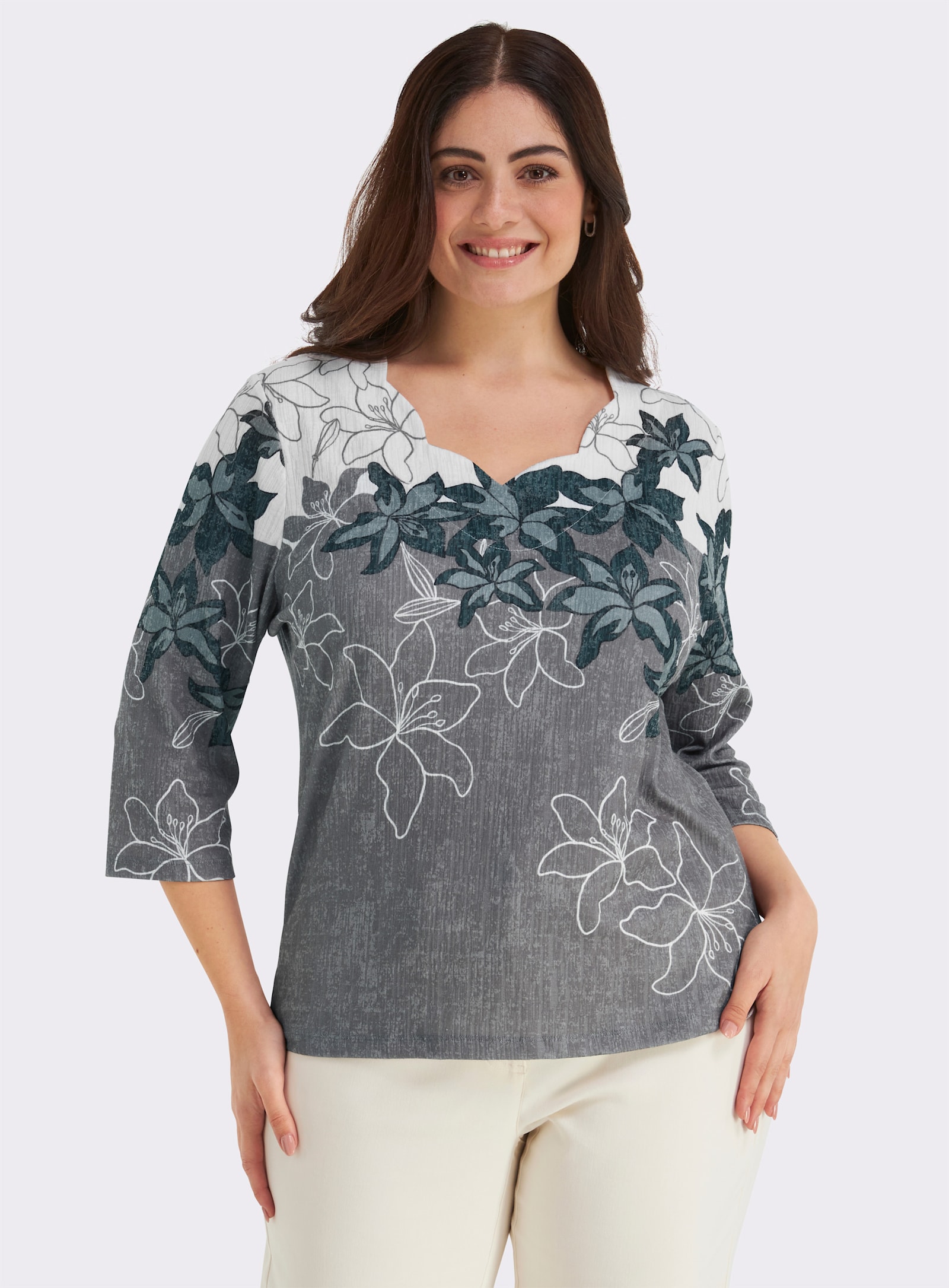 Print-Shirt mit gebogten Kanten - petrol-schwarz-bedruckt