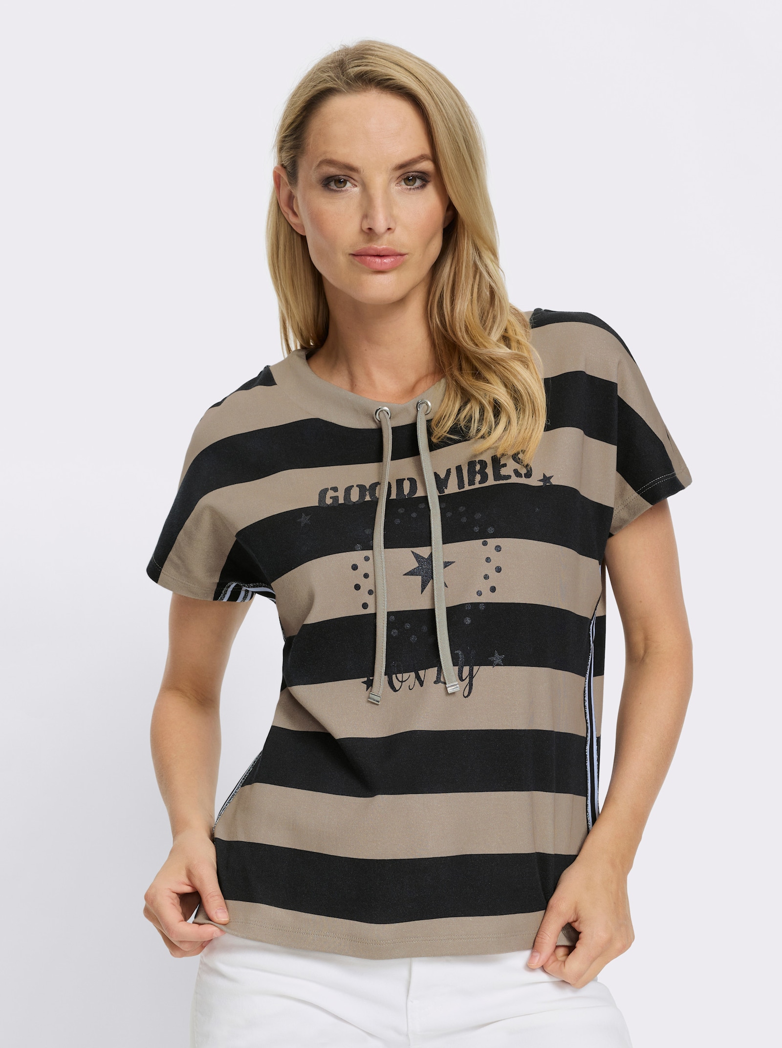 heine T-Shirt mit Glitzerdruck - schwarz-sesam-geringelt