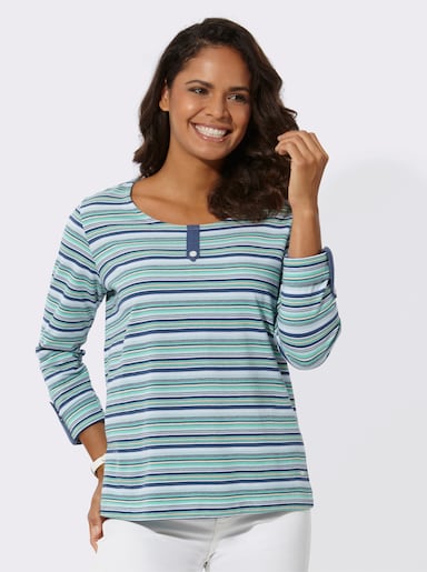 3/4-Arm-Shirt mit Kontrast-Riegeln - jeansblau-blaugrün-geringelt