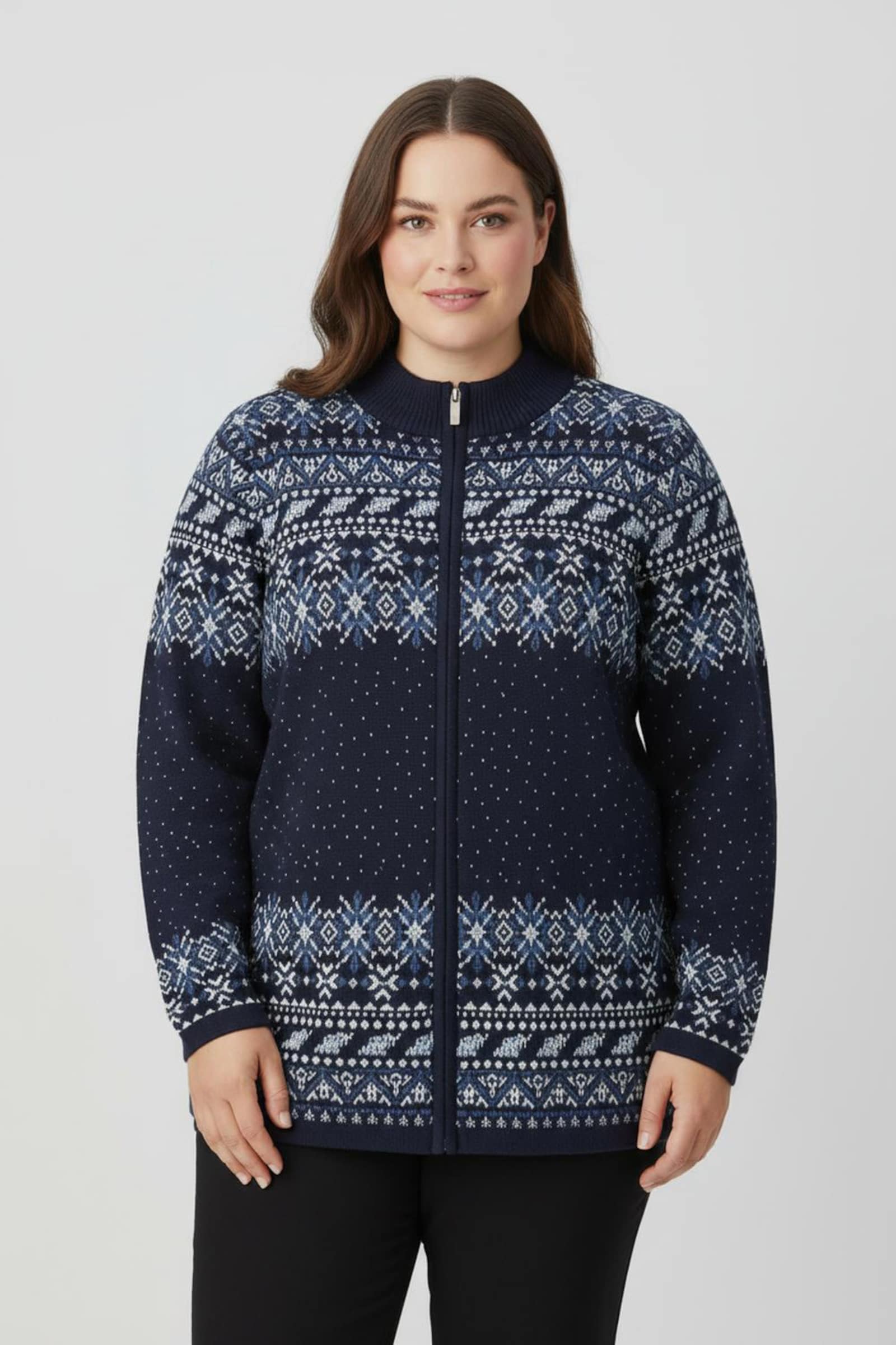 Jacquardstrickjacke im Norweger-Stil - marine-ecru-gemustert