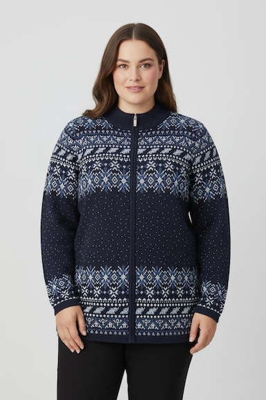 Jacquardstrickjacke im Norweger-Stil - marine-ecru-gemustert