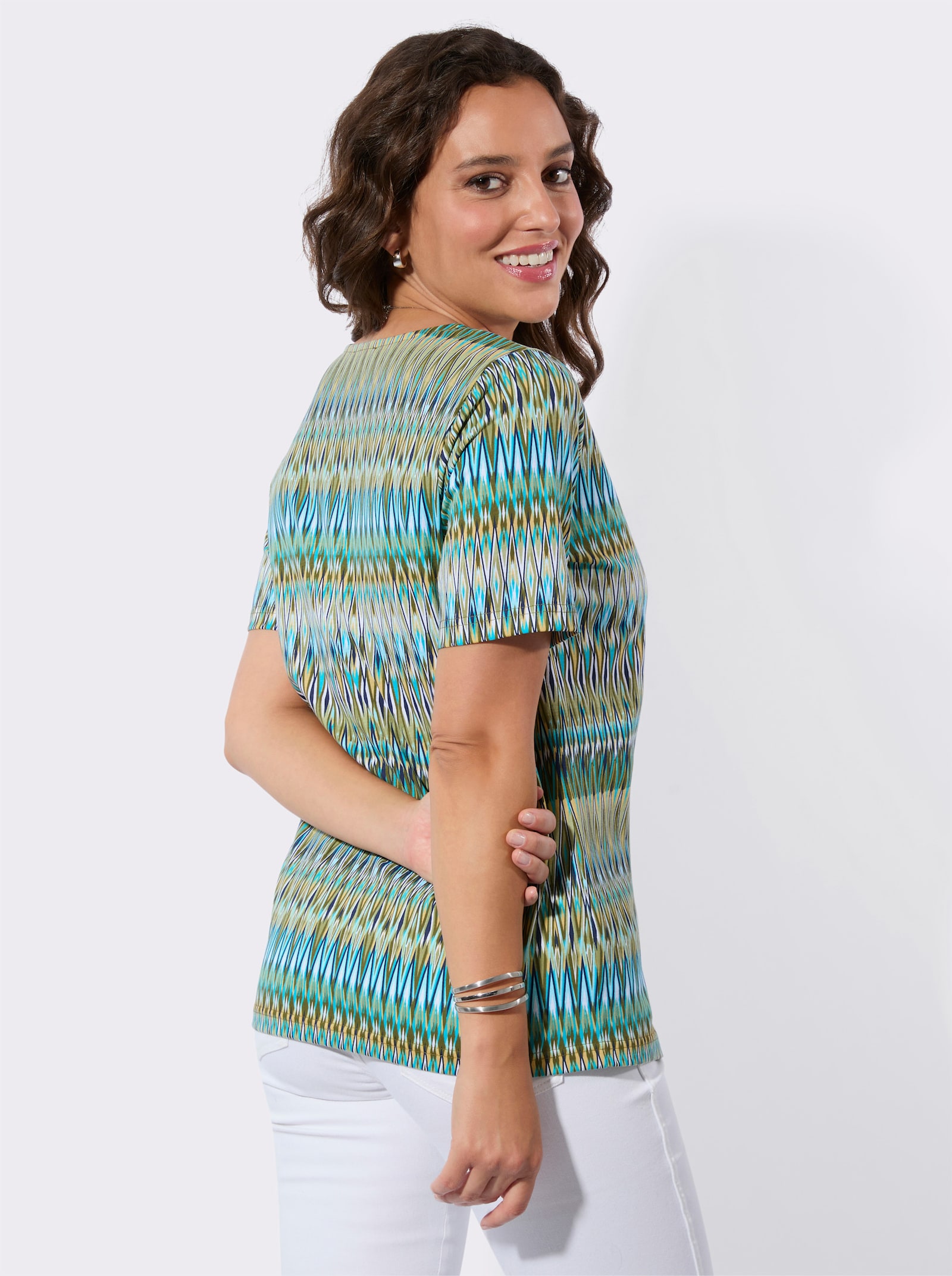 Rundhalsshirt aus reiner Baumwolle, bedruckt - oliv-gelb-bedruckt