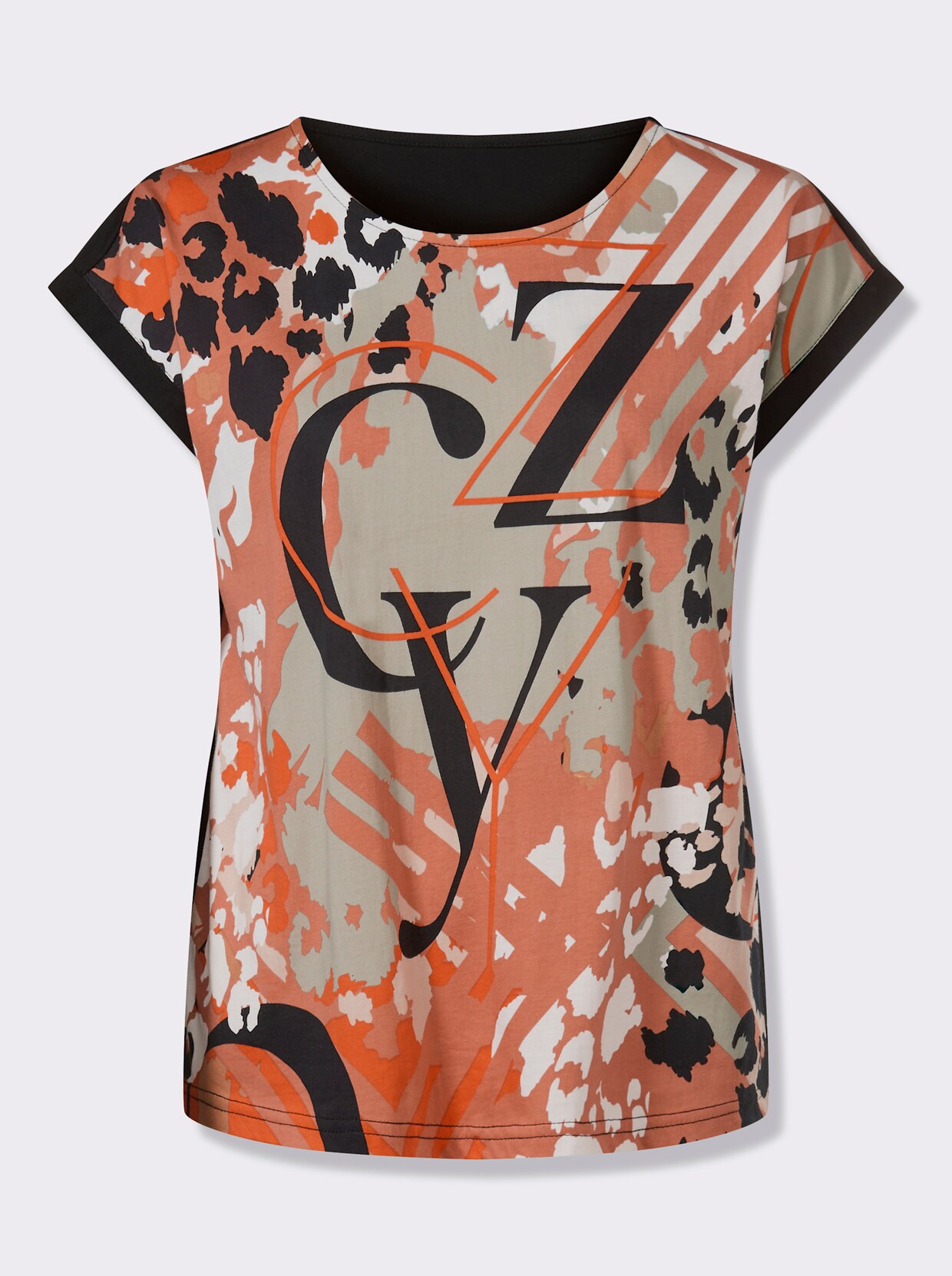 Kurzarmshirt mit bedrucktem Vorderteil - orange-schwarz-bedruckt