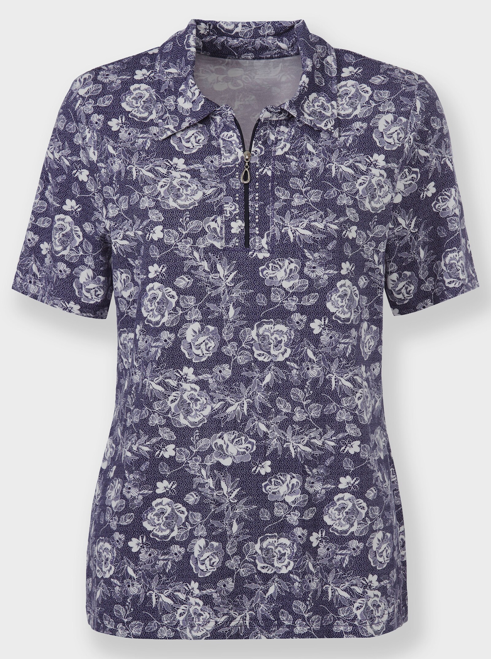 Poloshirt mit Glitzersteinchen - marine-ecru-bedruckt