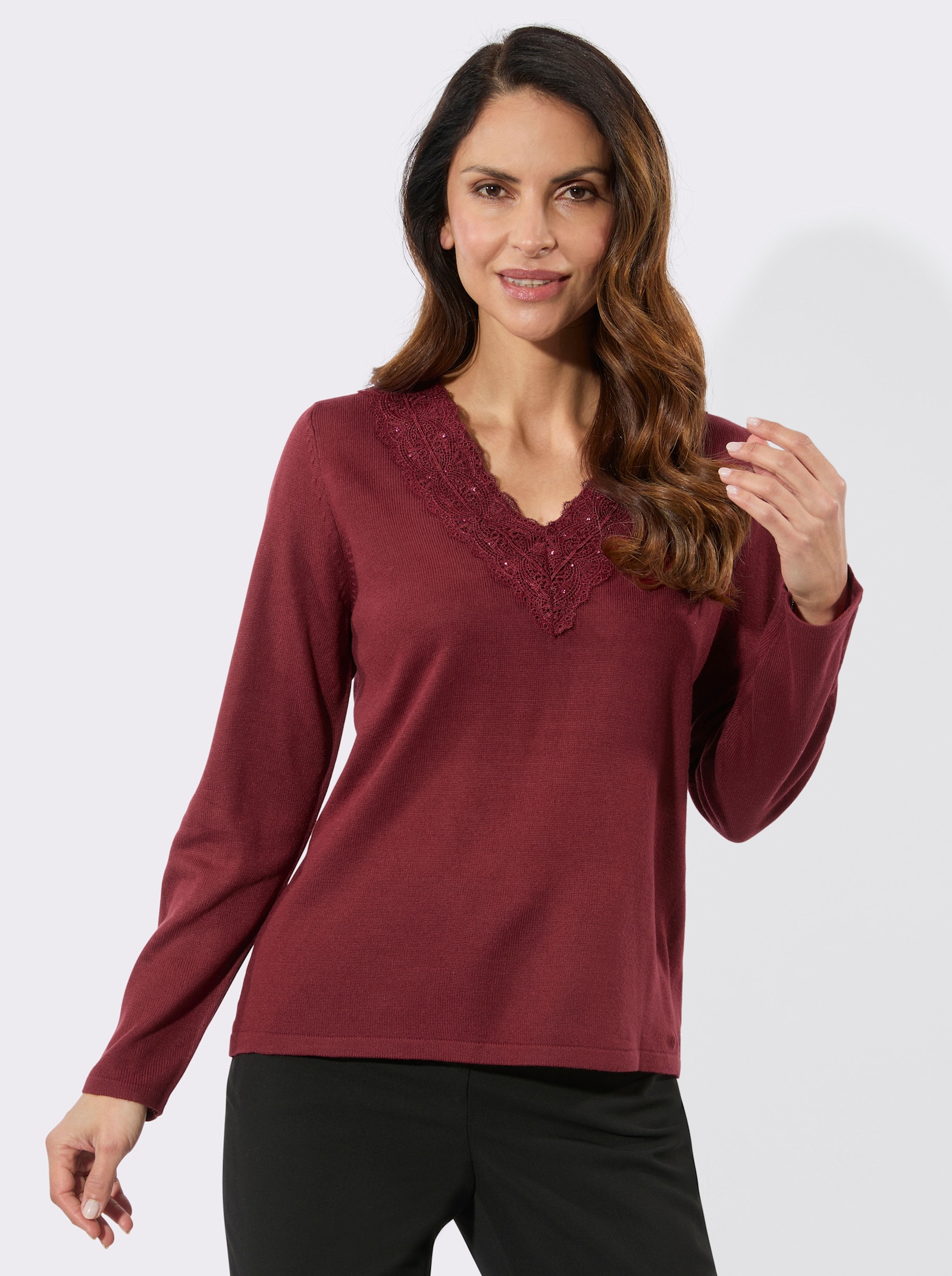 Feinstrickpullover mit Spitzenbesatz - dunkelrot