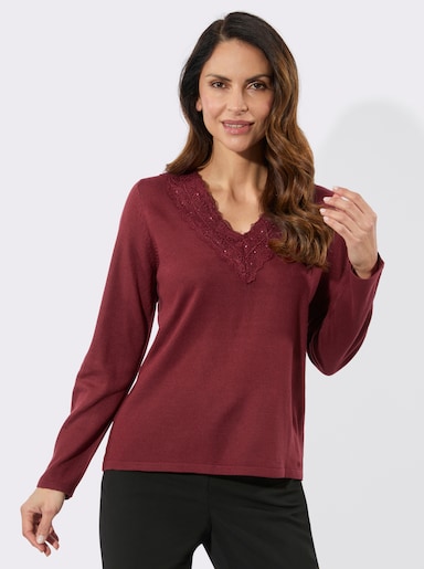 Feinstrickpullover mit Spitzenbesatz - dunkelrot