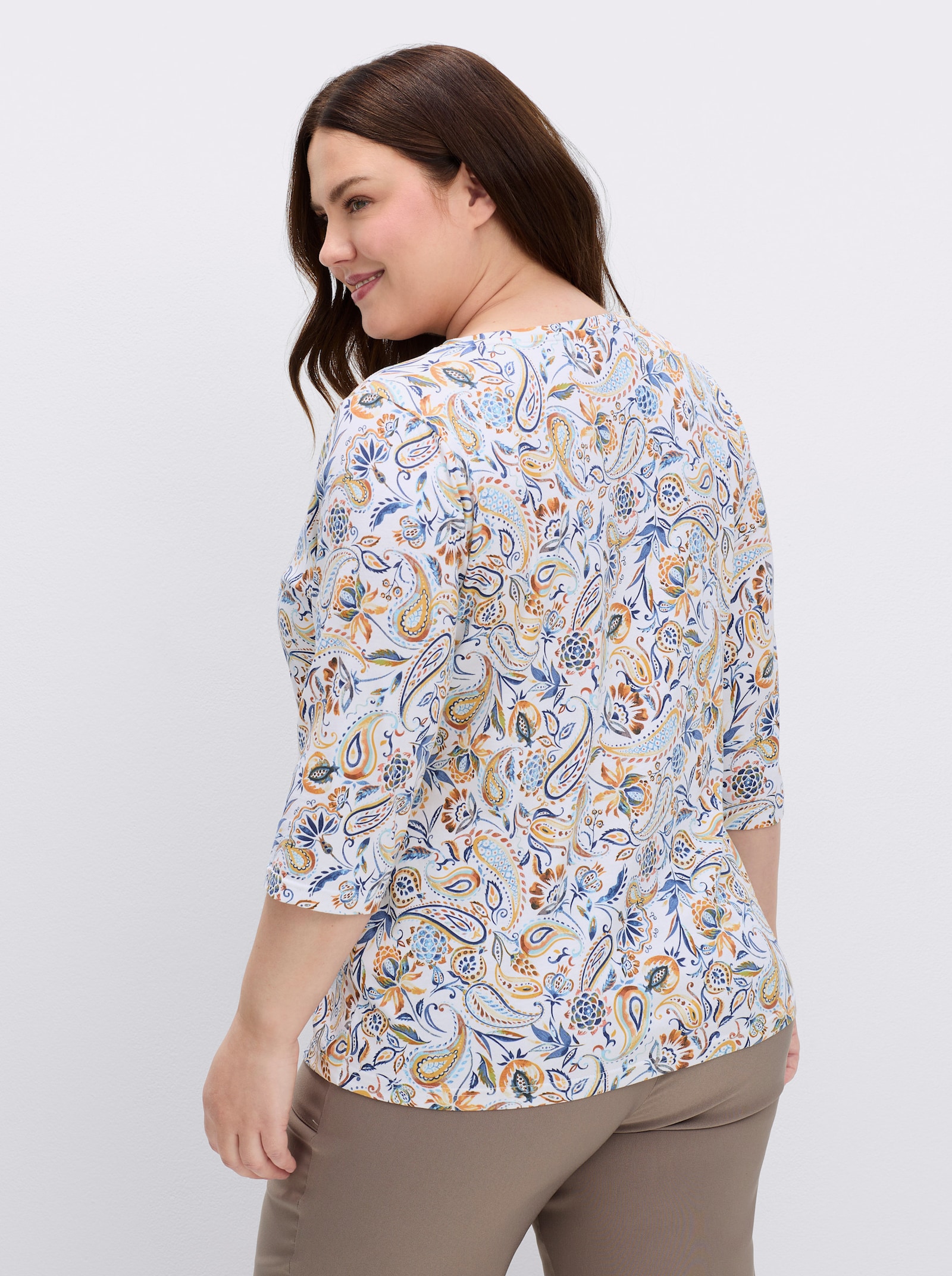 Print-Shirt mit 3/4-Ärmeln - ocker-jeansblau-bedruckt