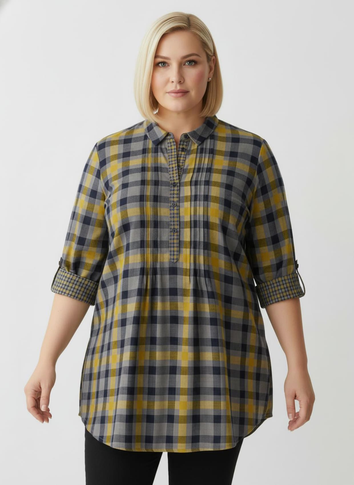 Langarmbluse mit Biesen, kariert - ocker-kariert