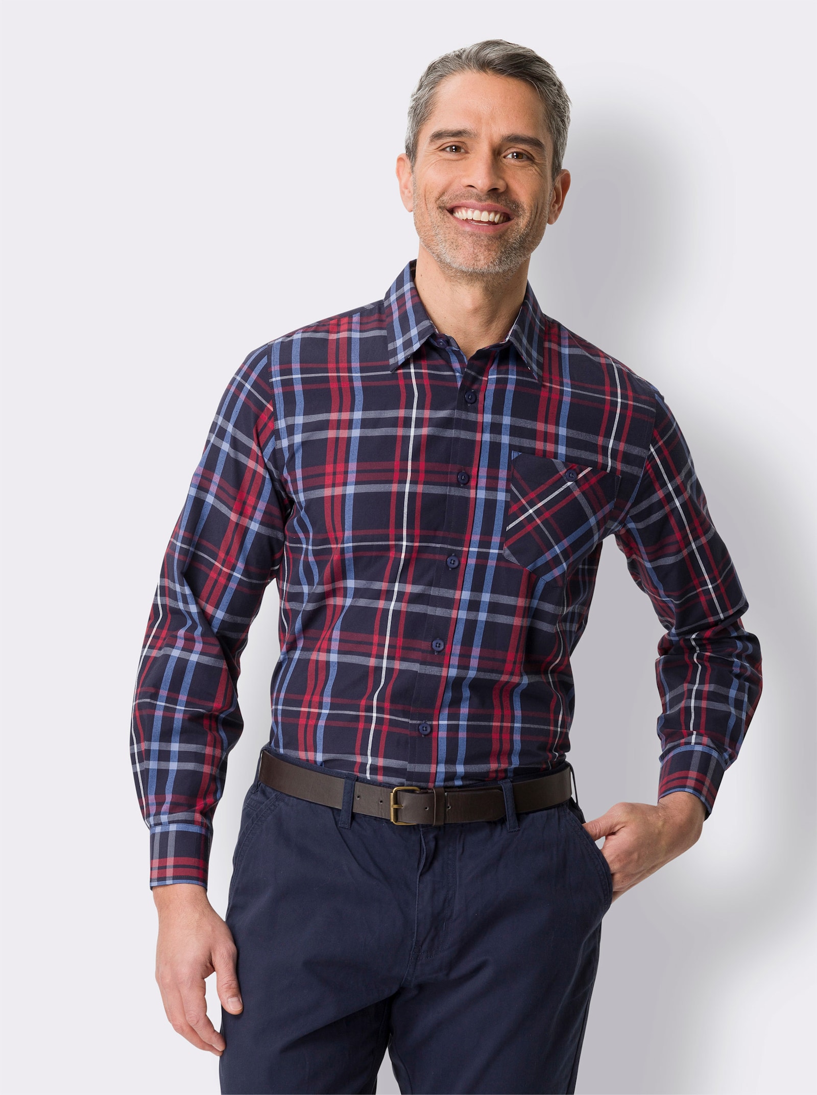 Rutig, långärmad skjorta - marin-röd, rutig