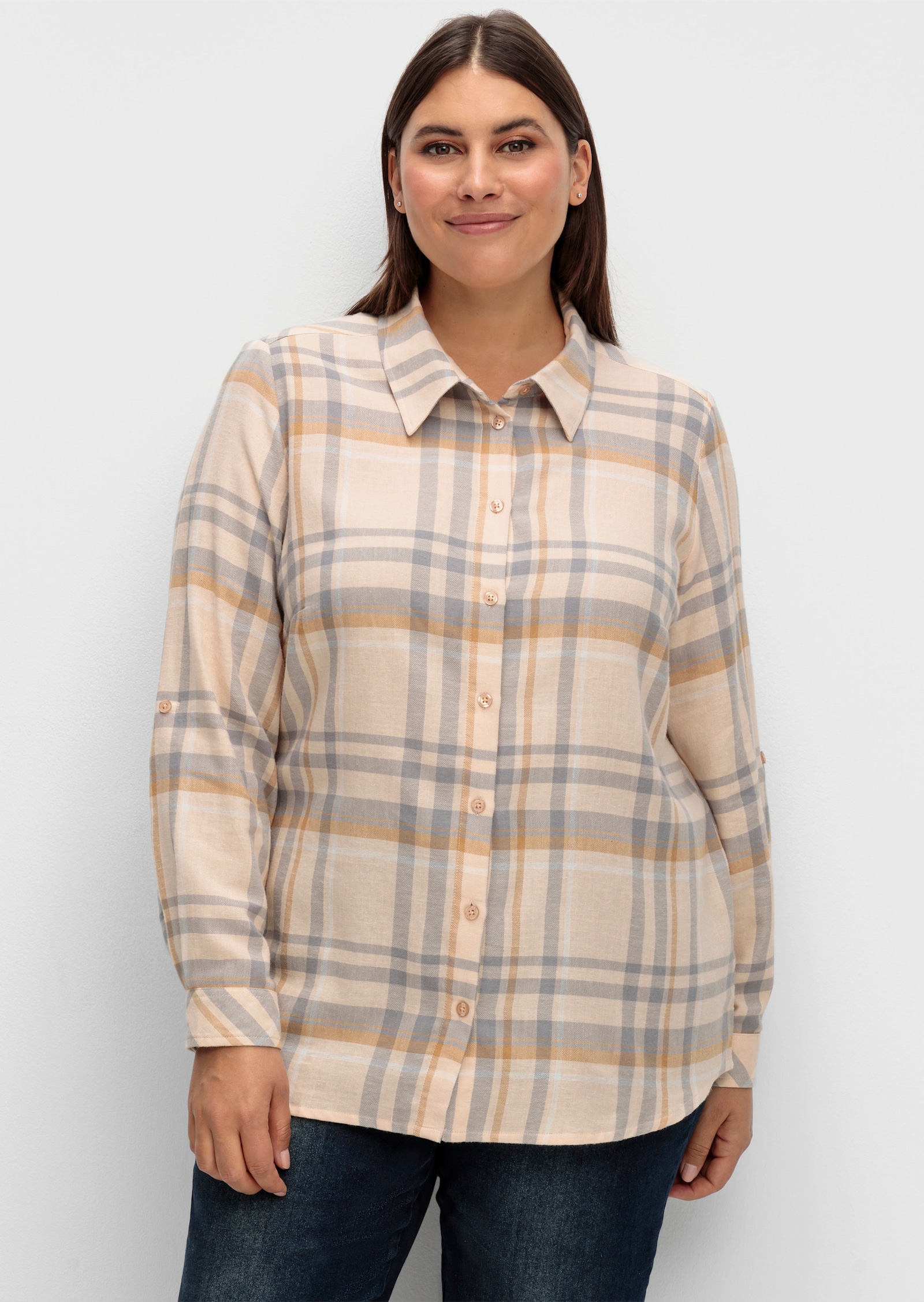 Flanellbluse mit krempelbaren Ärmeln - camel-steingrau-kariert