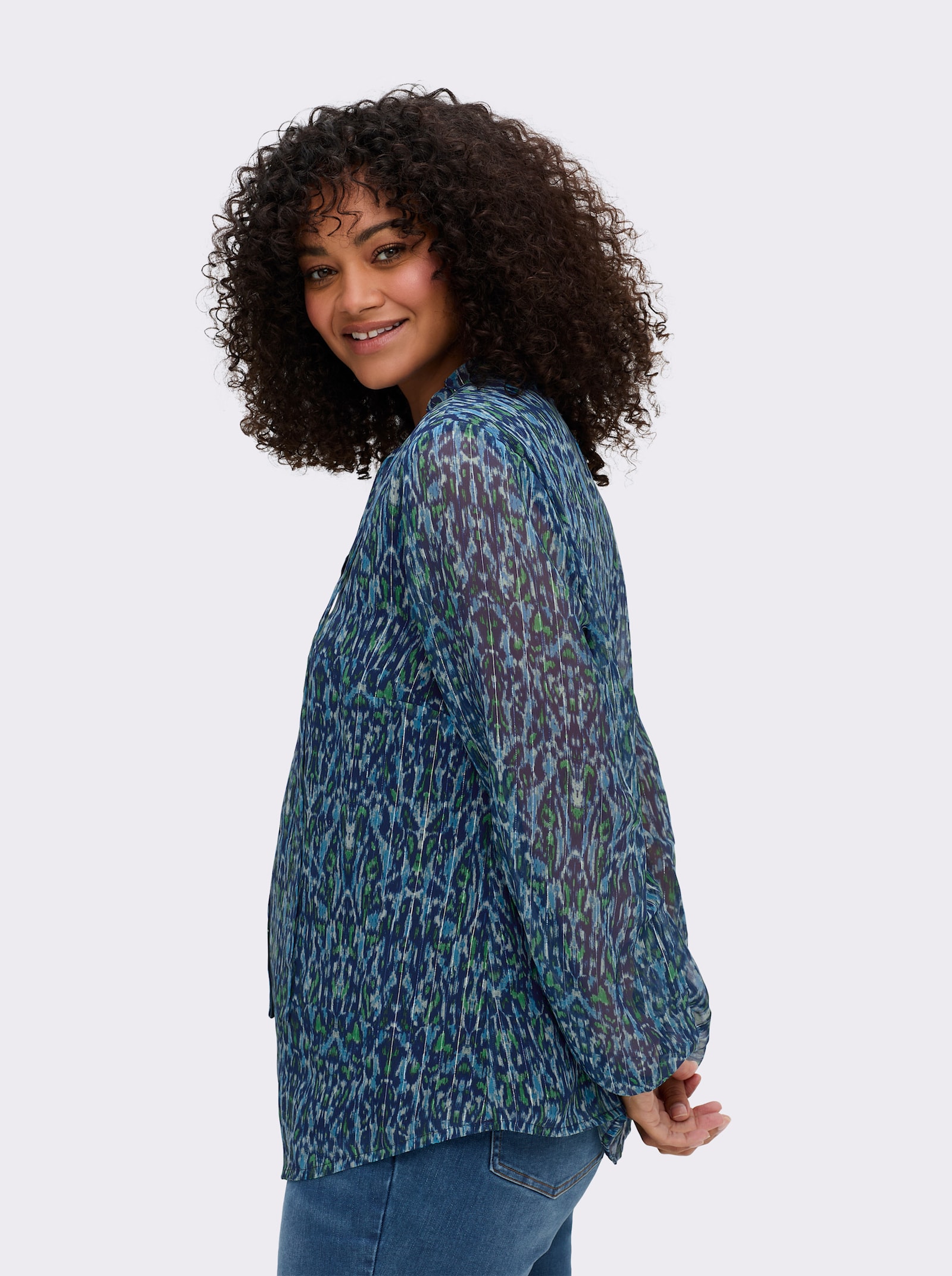 sheego by Joe Browns Chiffonbluse mit Glanz-Nadelstreifen - tiefblau-bedruckt
