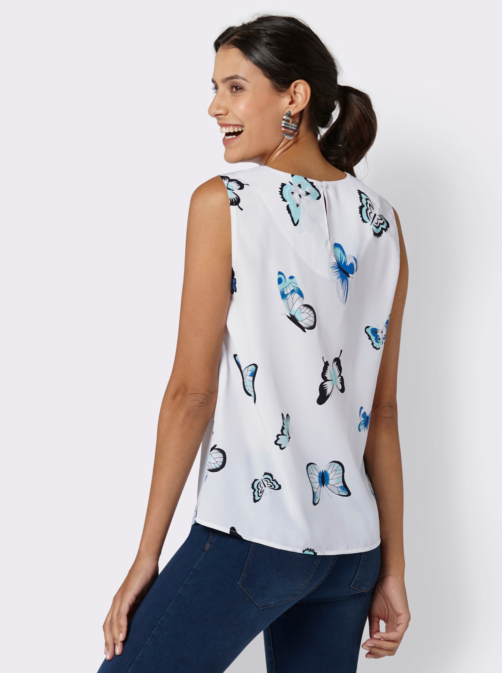 Blusentop mit Falten am Rundhals-Ausschnitt - weiß-bedruckt