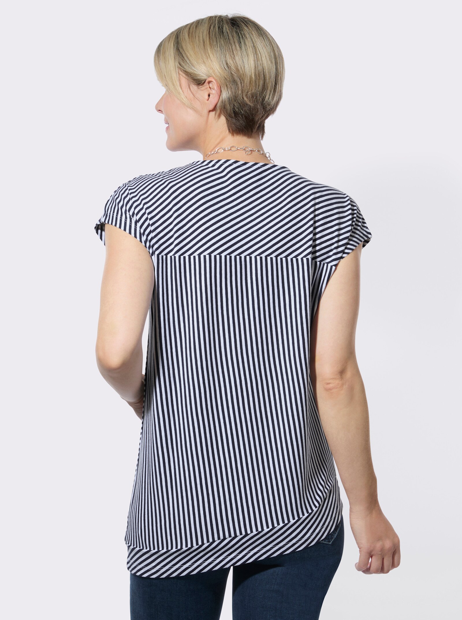 Rundhalsshirt mit asymmetrischem Saum - marine-weiß-geringelt