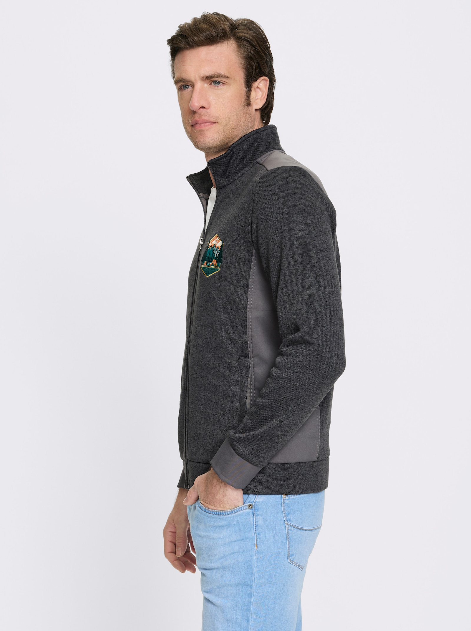 Catamaran Strickfleecejacke mit Stickerei - graphit-grau-meliert