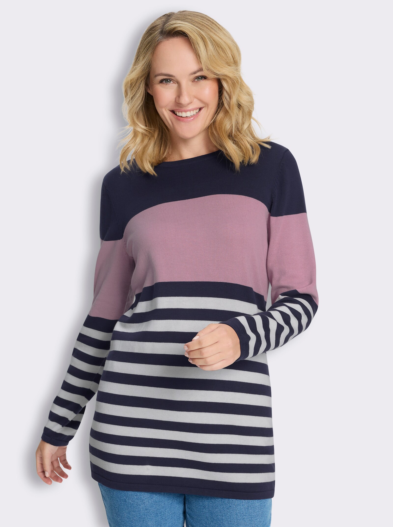 Longpullover mit Streifen-Muster vorne - rosé-marine-geringelt