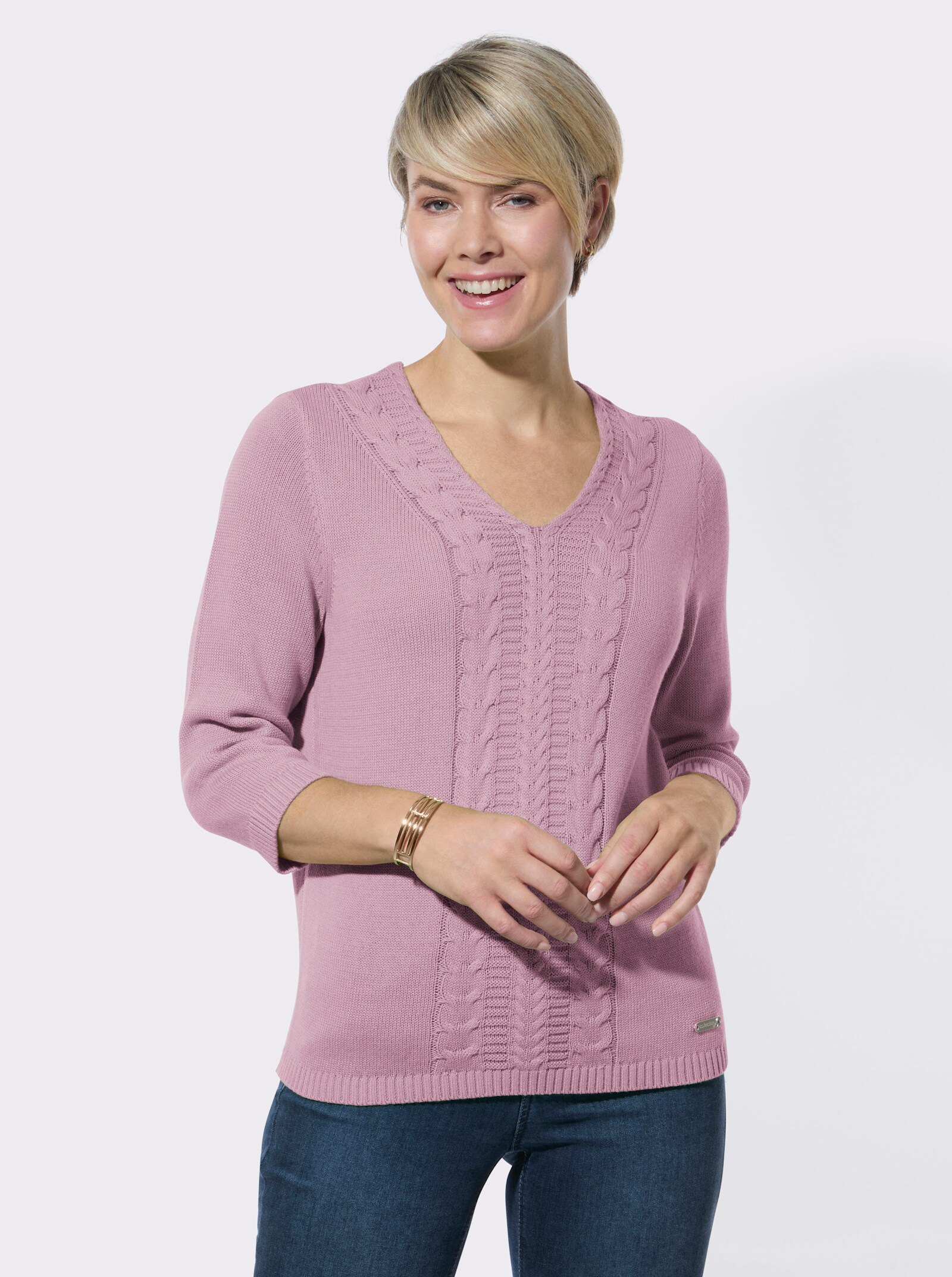 V-Ausschnitt-Pullover mit Rippbündchen - rosé