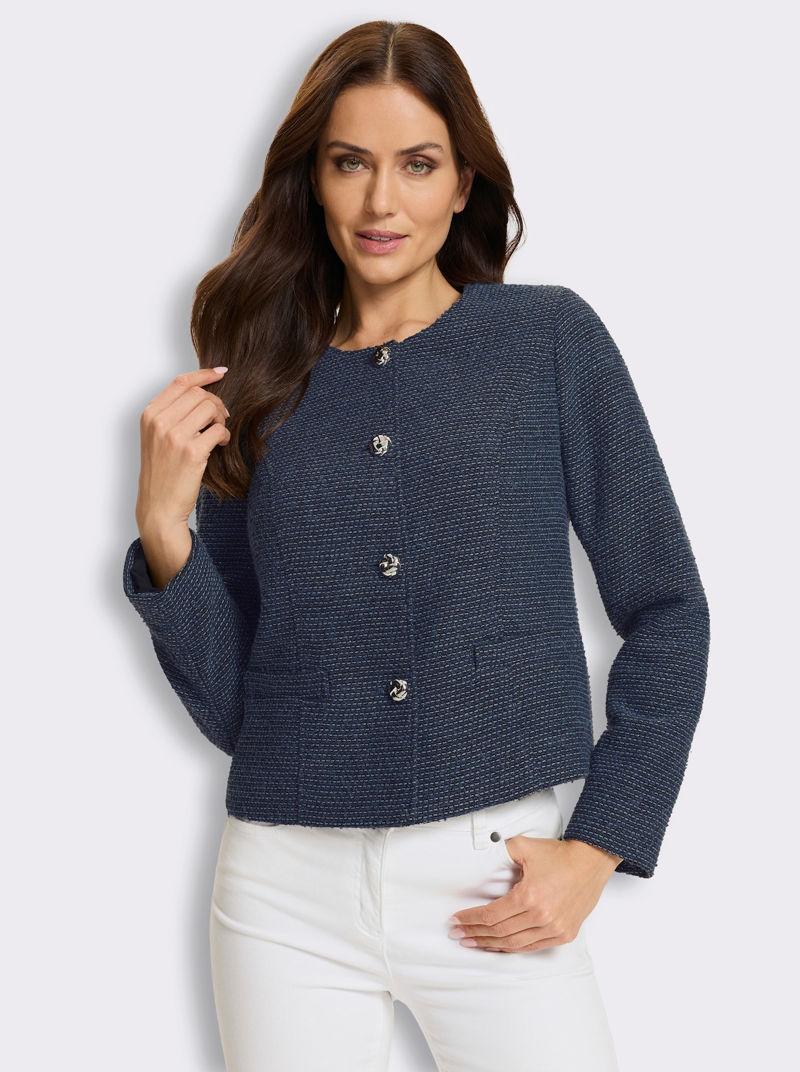 heine Bouclé-Blazer mit Schmuckknöpfen - rauchblau-hellblau-gemustert
