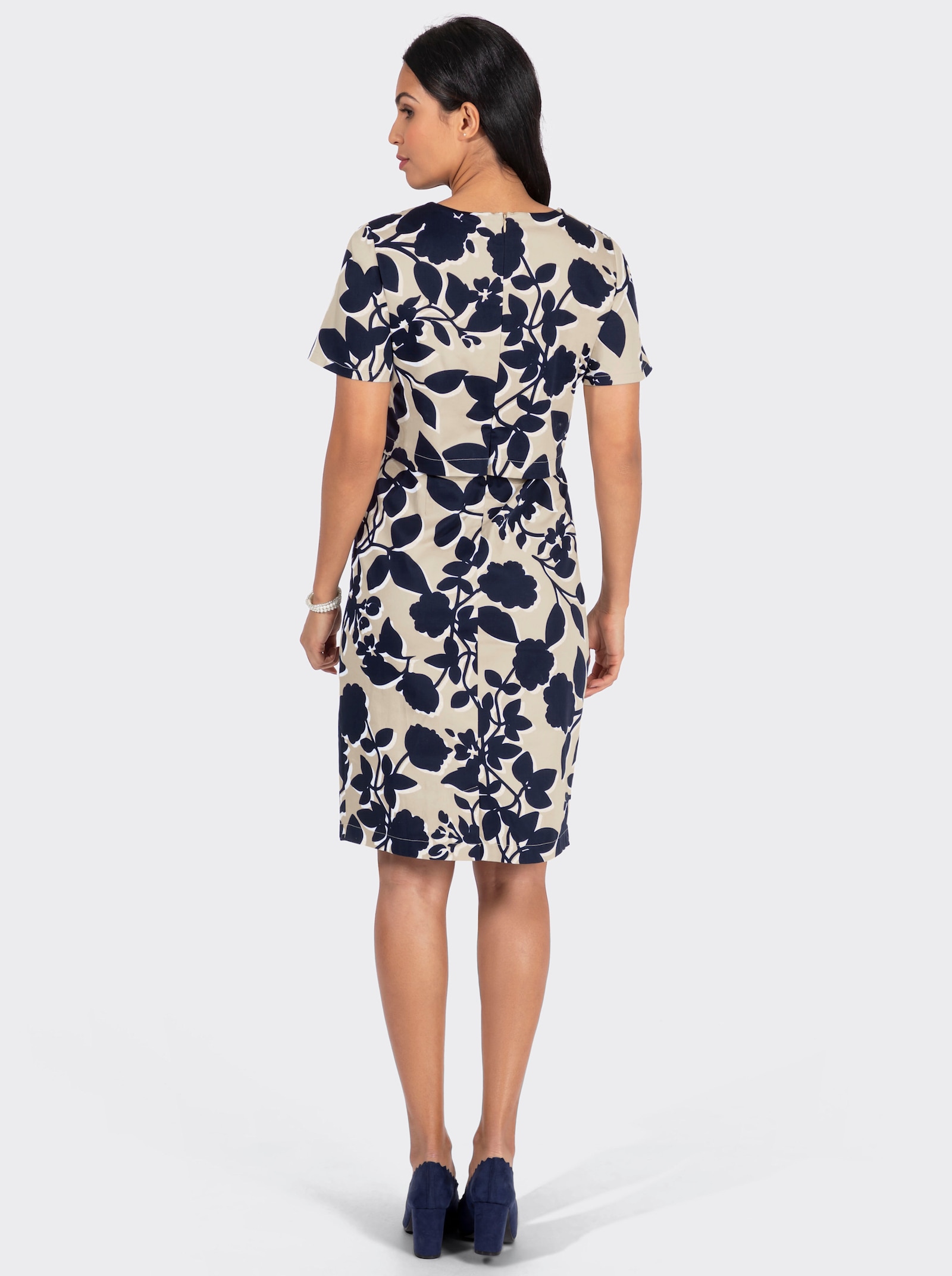 Druckkleid aus glänzendem Baumwoll-Satin - sand-marine-bedruckt